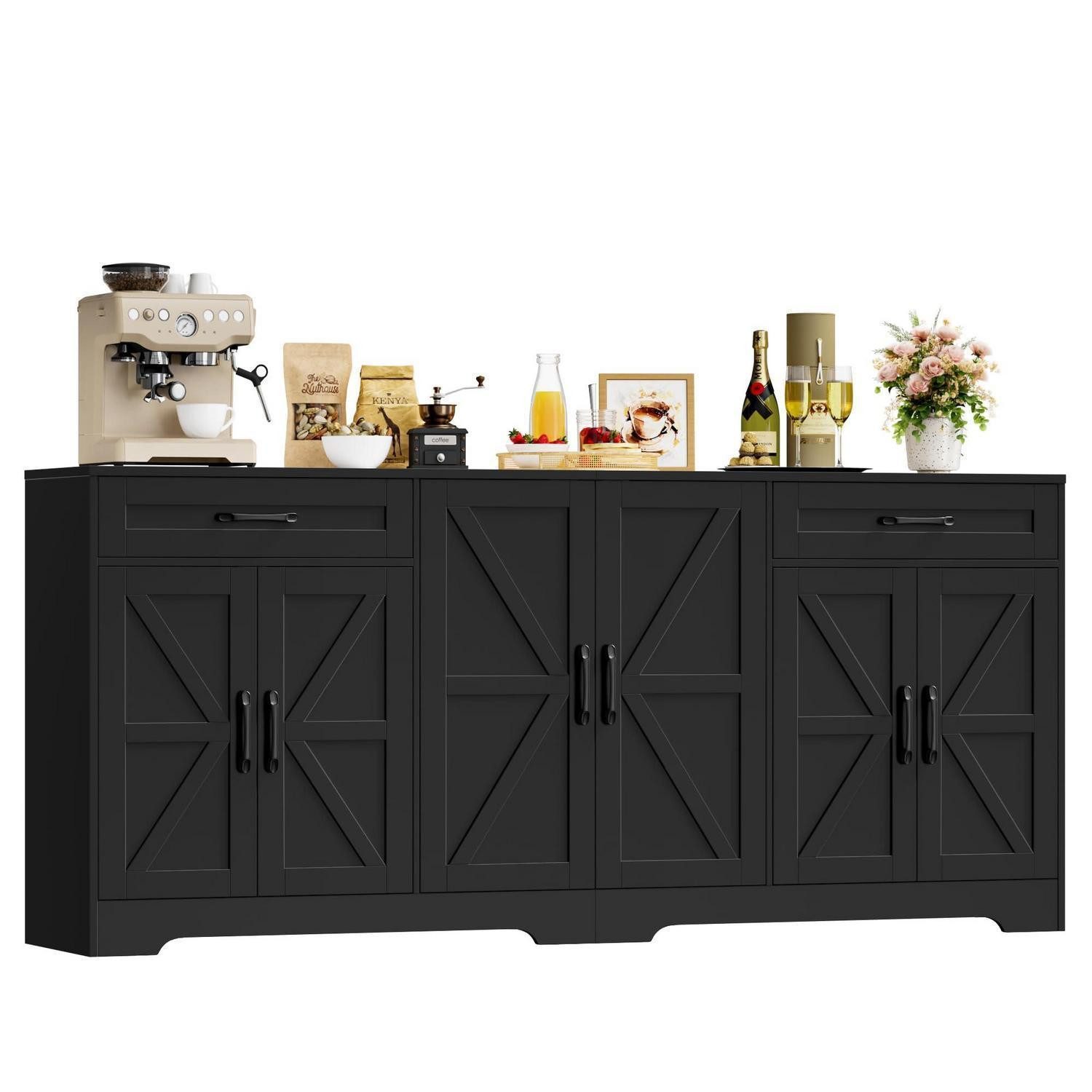 LuxusKollektion Anrichte Sideboard 180cm 6 Türen 2 Schubladen Arbeitsplatte Regal Schwarz