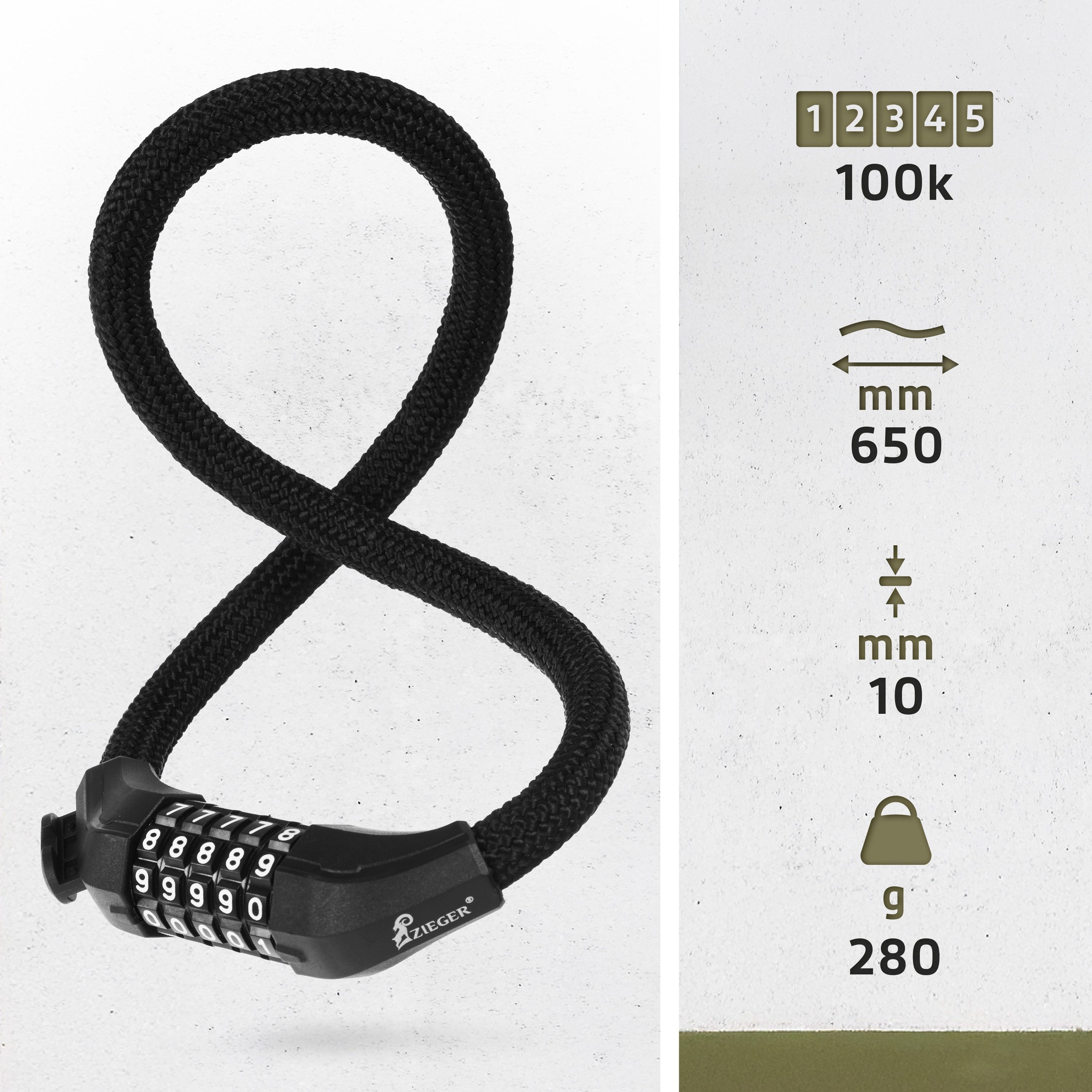 ZIEGER Kettenschloss ZIEGER Fahrrad-Kabelschloss Urban 650 – 65cm Panzerkabel mit Halterung