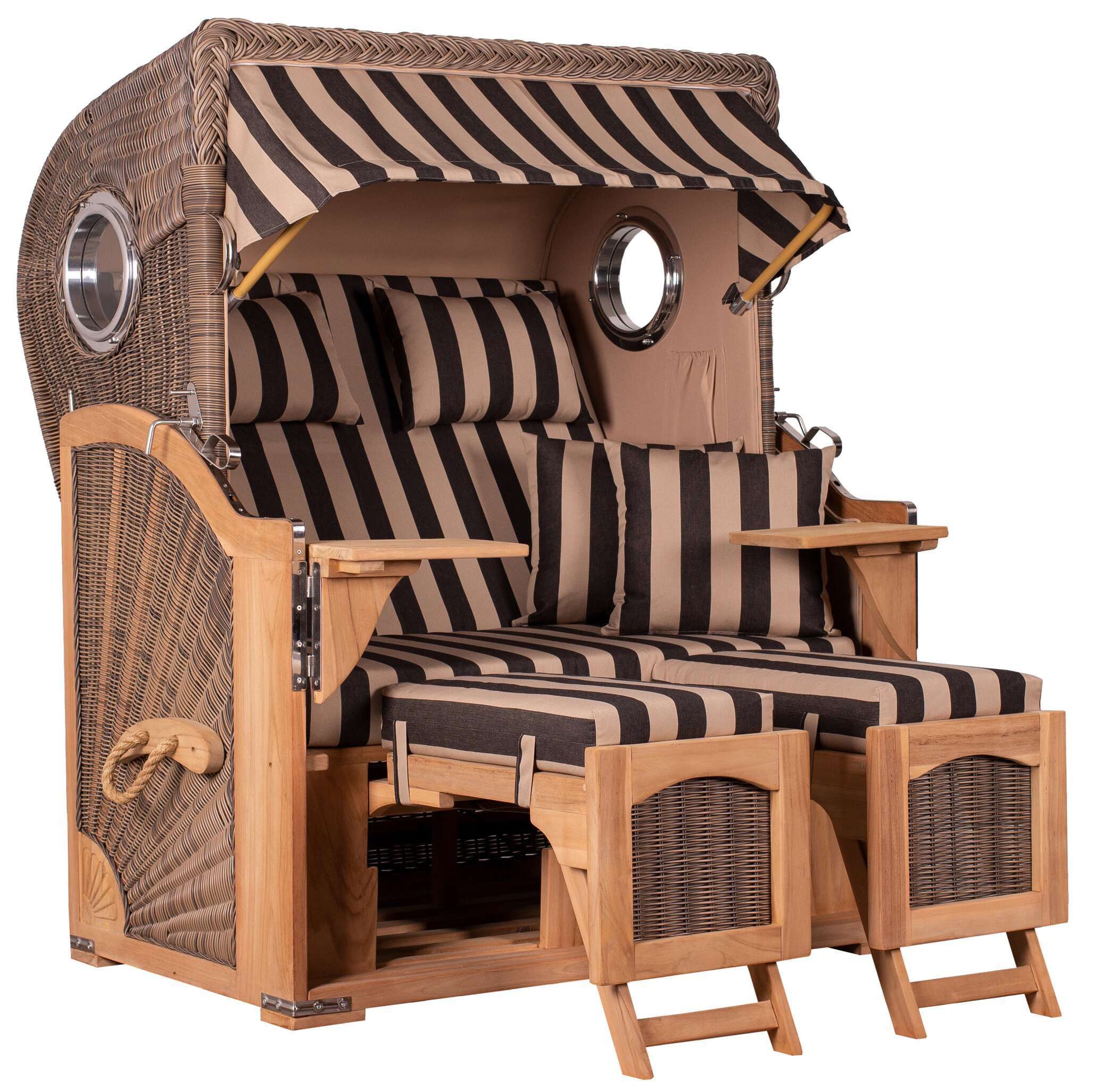 MR.DEKO Strandkorb Düne 2-Sitzer Teak Bullauge wetterfest PE-Geflecht grey, BxTxH: 125x80x170 cm, Düne, Düne, (Fertig montierter Strandkorb für Garten, Terrasse & Balkon), Wetterfester Volllieger mit Edelstahlbeschlägen & waschbaren Polstern