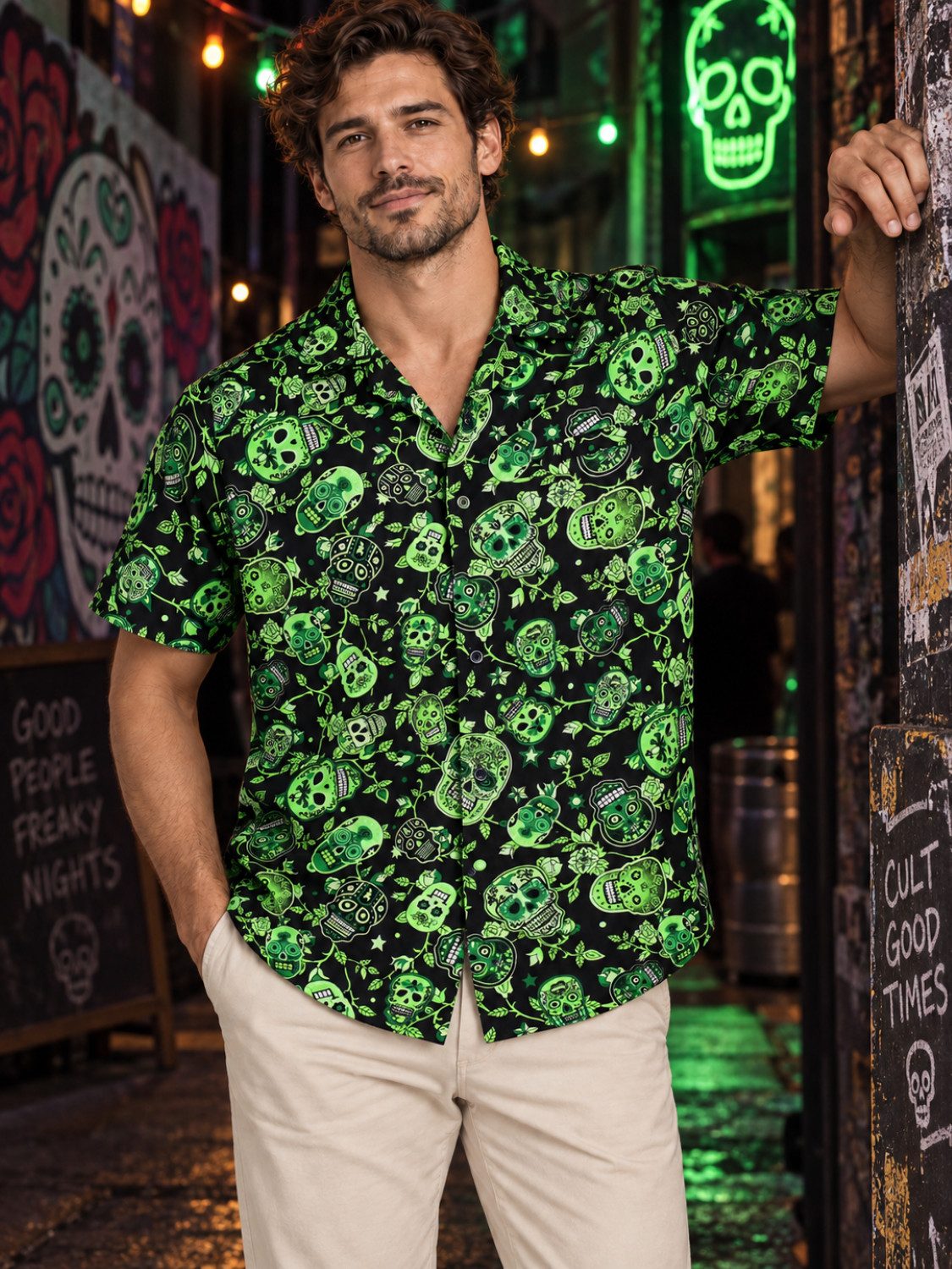 King Kameha Hawaiihemd "Skull" Funky Hawaii-Hemd Herren Kurzarm Front-Tasche Stylish – Bild 2 von 5
