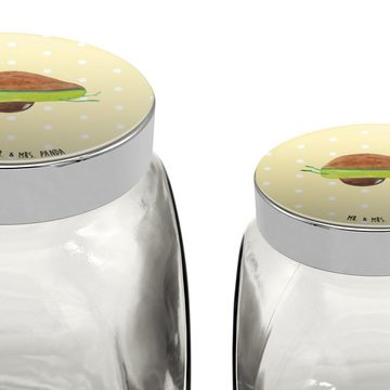 Mr. & Mrs. Panda Vorratsglas XL 2000ml Avocado Yoga - Gelb Pastell - Geschenk, Vegan, Kaffeedose, Premium Glas, (1-tlg), Mit Motiv