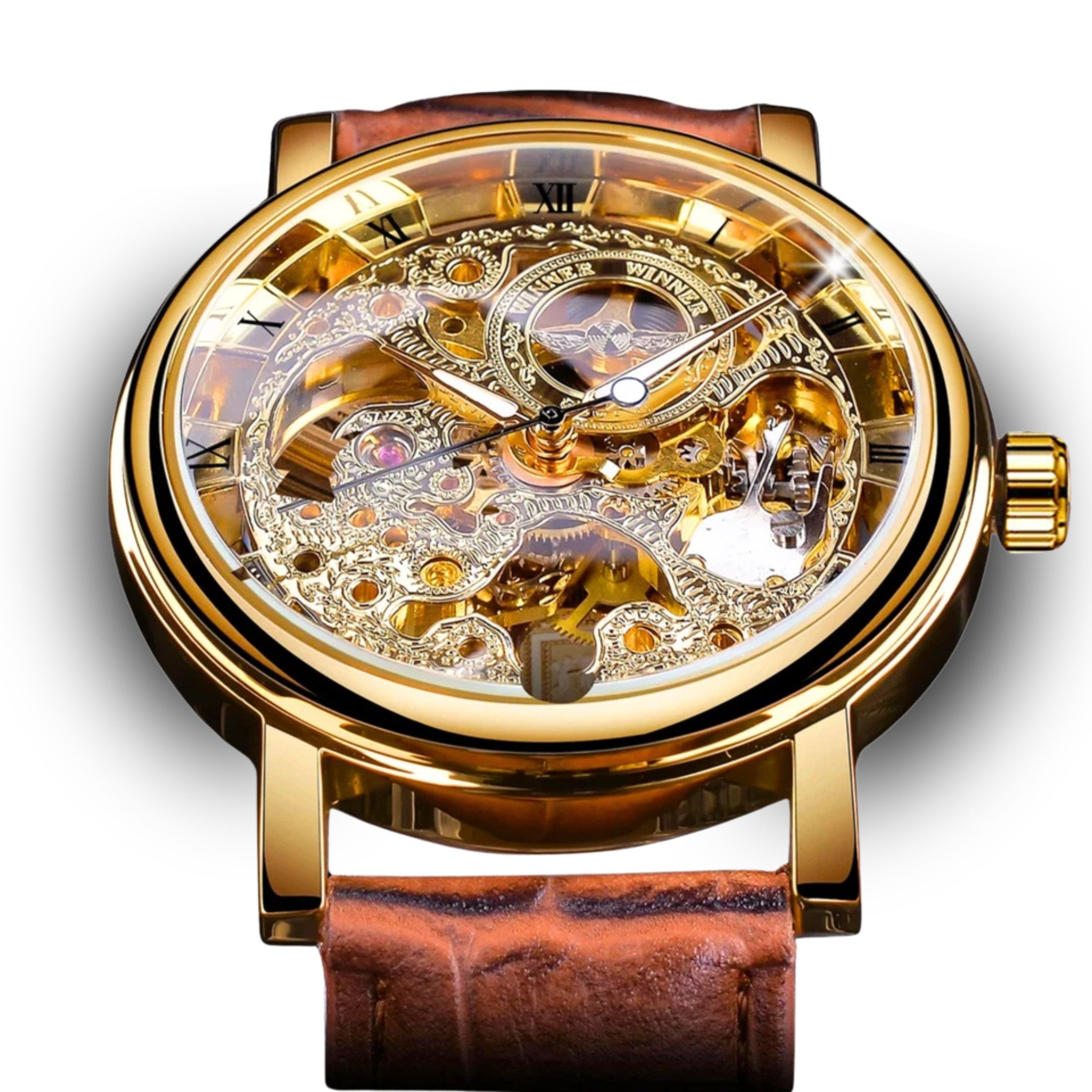 StellarLuma Automatikuhr Herren Automatikuhr Herrenuhr Goldfarbene Uhr Braun mit Uhrenbox StellarLuma Skeleton-Watch, (Set, Herren Automatik uhr inklusive Uhrenbox), Automatik Herrenuhr im Skelett-Design, inklusive hochwertiger Uhrenbox