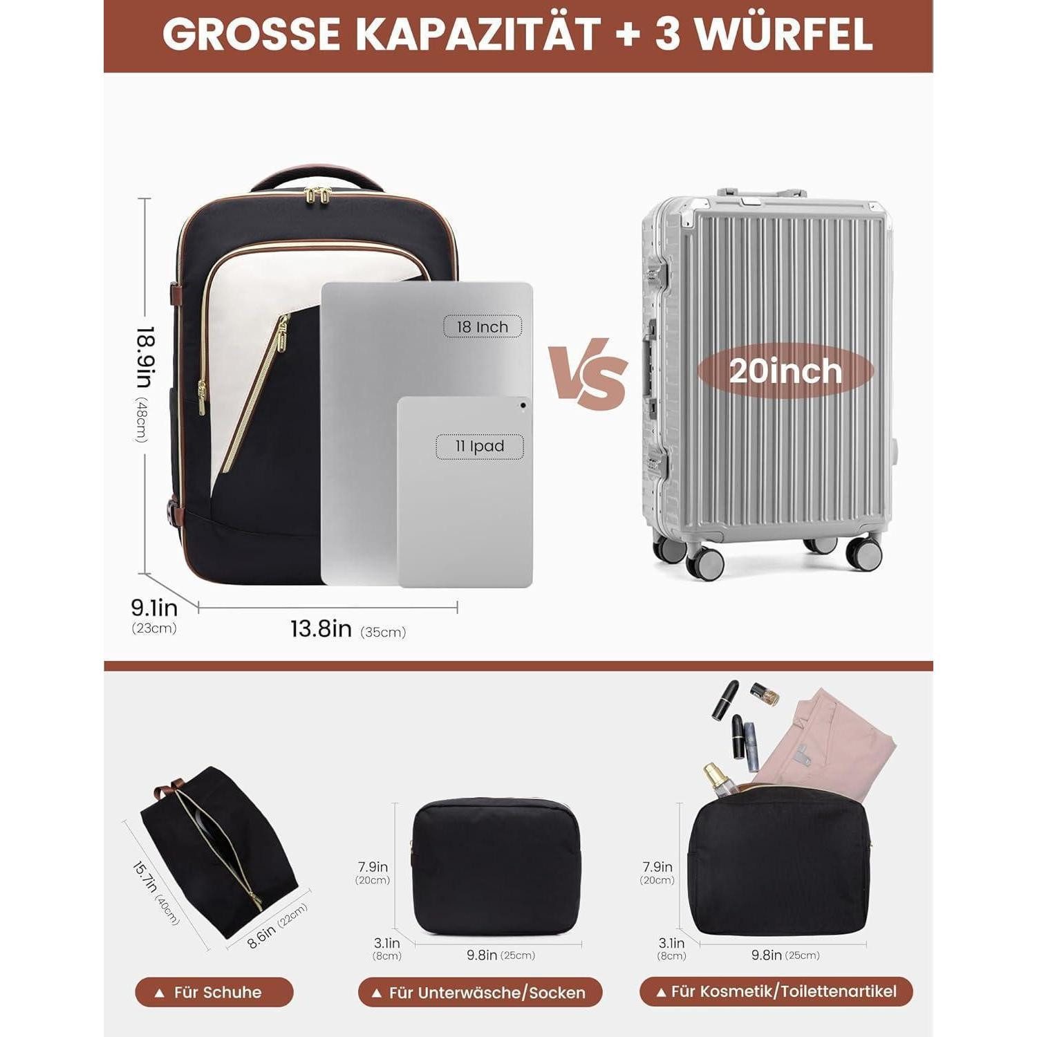 LuxusKollektion Kofferrucksack Handgepäck Reiserucksack 18 Zoll Laptop Damen Rucksack Travel Flugzeug