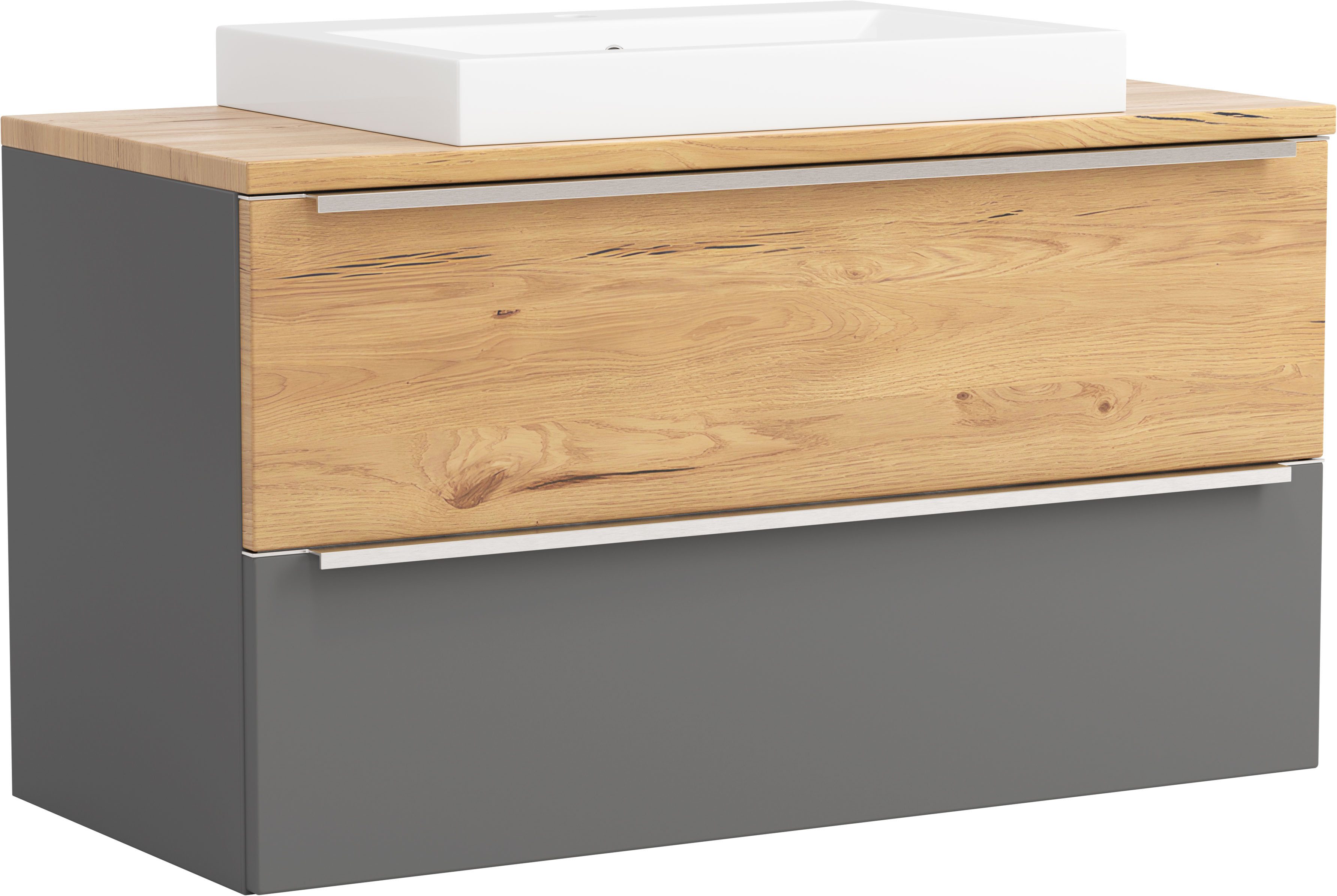 welltime Waschtisch TRIENT, Softclose-Auszüge, Keramikbecken (Maße (B/H/T): ca. 100/63/47 cm), matt onyx-grey/wildeiche, Keramikbecken