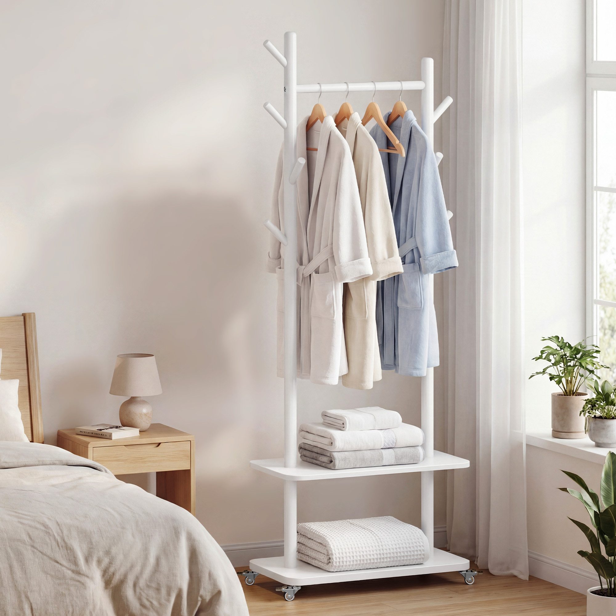 VASAGLE Garderobenständer Kleiderständer, Flur, Schlafzimmer, Wohnzimmer, Haken und Stange aus Massivholz