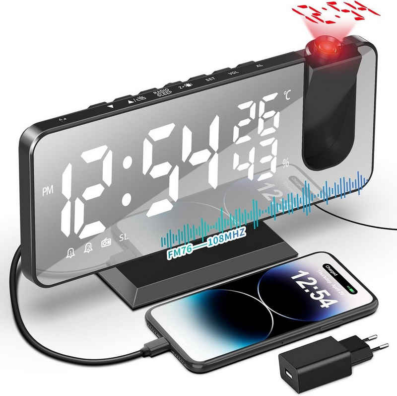 BUMHUM Projektionswecker Projektionswecker für Schlafzimmer Großes 7,4'' LED Spiegeldisplay Radiowecker mit USB Digital Radiowecker mit Temperatur Wecker