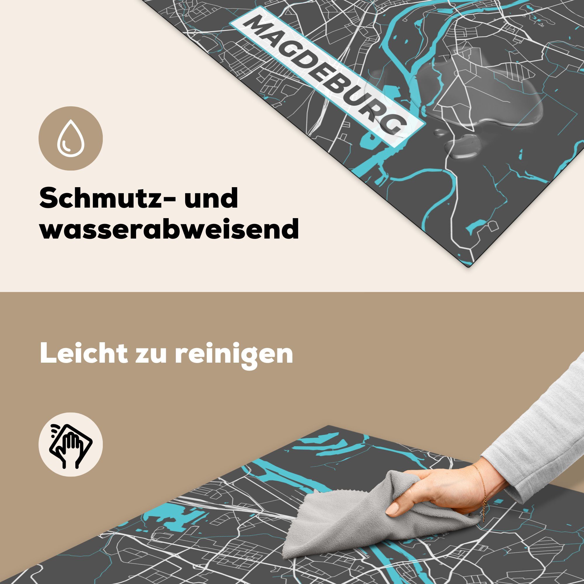 cm, Deutschland MuchoWow Arbeitsplatte tlg), (1 küche Herdblende-/Abdeckplatte - Karte, für Stadtplan 78x78 Magdeburg Vinyl, - Ceranfeldabdeckung, -