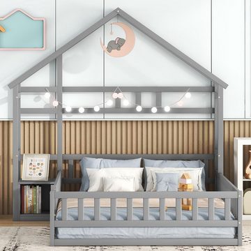 OKWISH Kinderbett Holzbett Funktionsbett Hausbetten (Flachbetten140 x 200cm, mit Geländer Nachttischen), ohne Matratze
