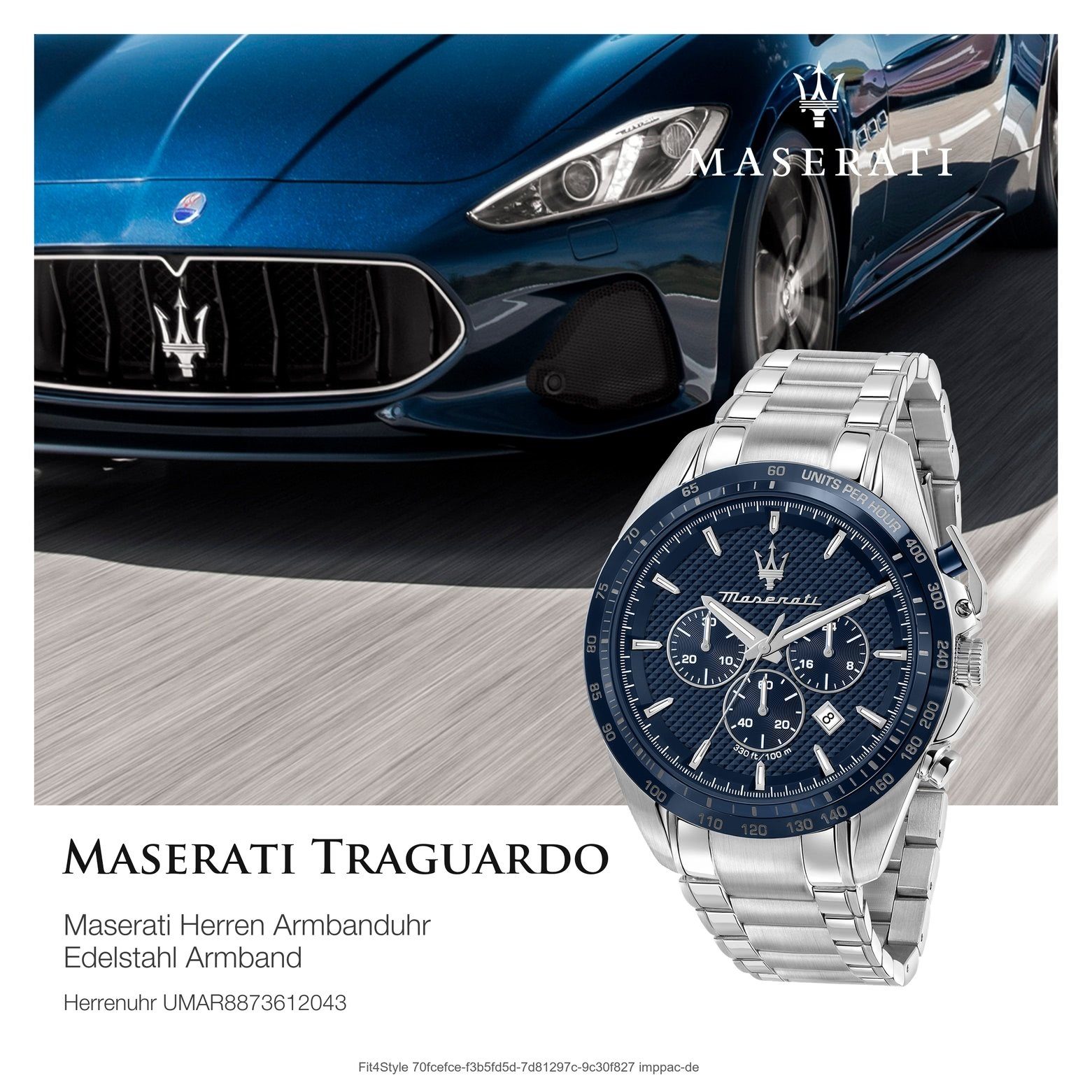 (ca. Herren Chronograph Italy groß Maserati Herrenuhr blau, Edelstahlarmband, Chronograph, silber MASERATI 45mm) rund, Made-In