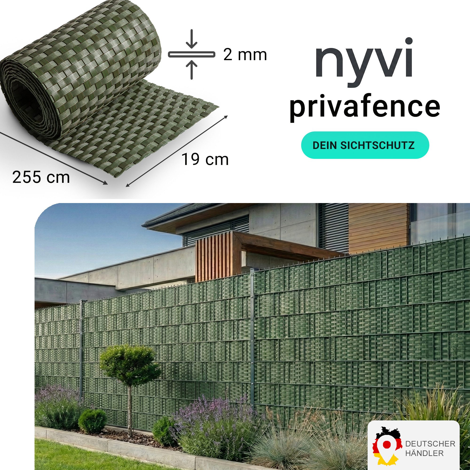 NYVI Sichtschutzstreifen Sichtschutzstreifen Privafence 255x19 cm für Zaun, (1-St), Polyrattan 3D Optik, Wetterfest, Reißfest