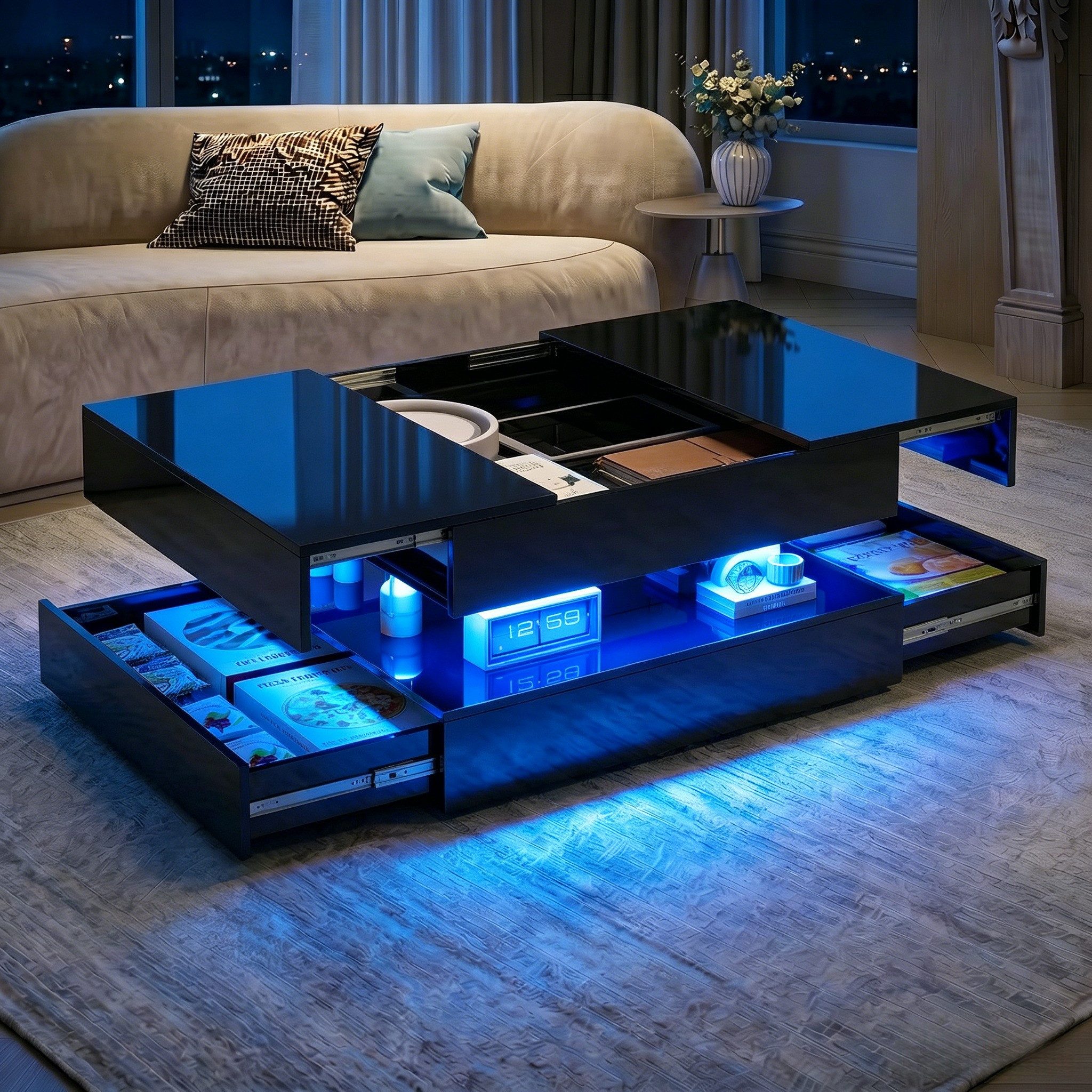 PXloue Couchtisch LED-Couchtisch mit Stauraum und modernem Design (Hochglänzender), Praktischer Tisch mit Schubladen und integrierter Beleuchtung