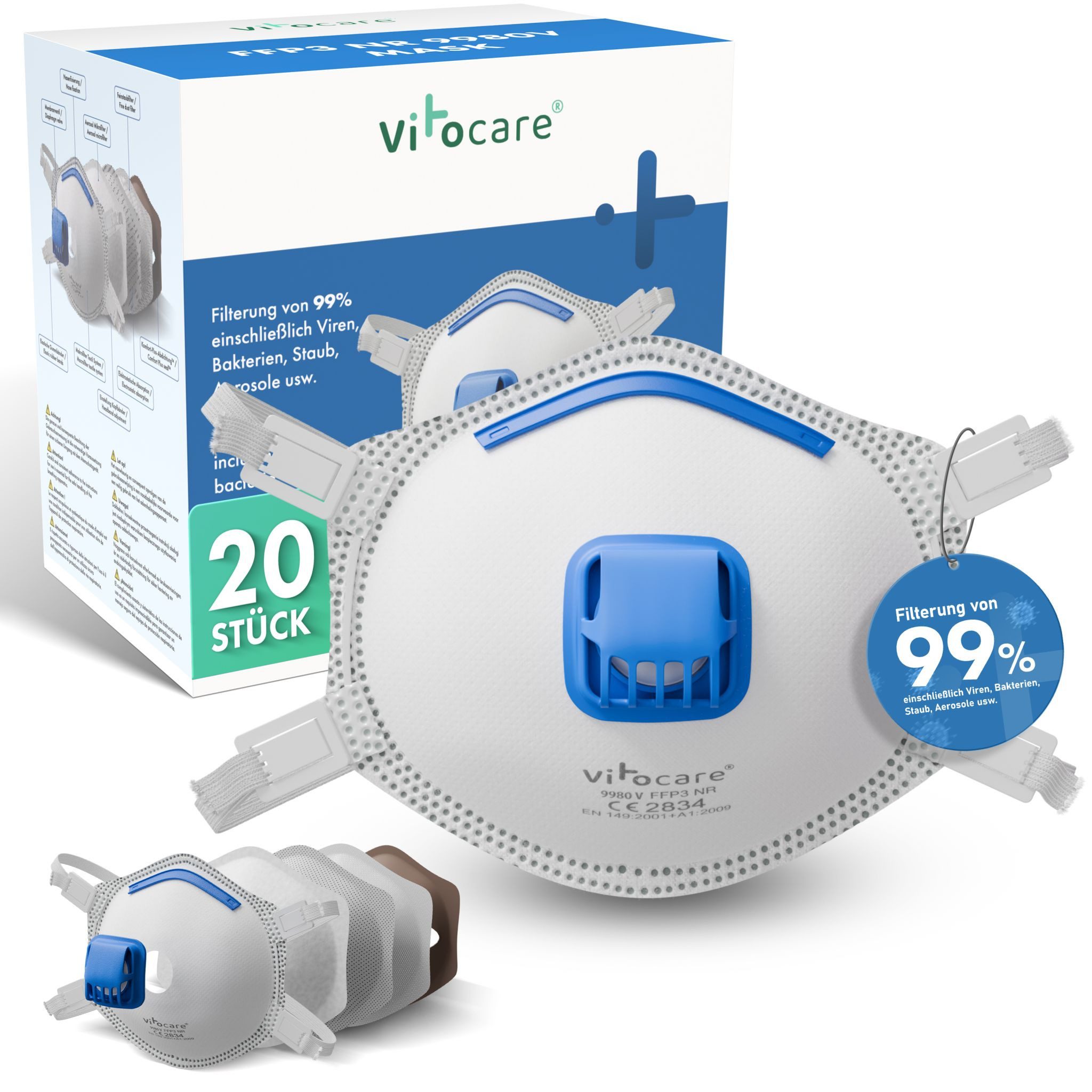 Vitocare Staubfilter FFP3 Maske mit Ventil, Atemschutzmaske CE, 5/10/20 Stk., FFP3 Atemschutzmaske mit Ventil