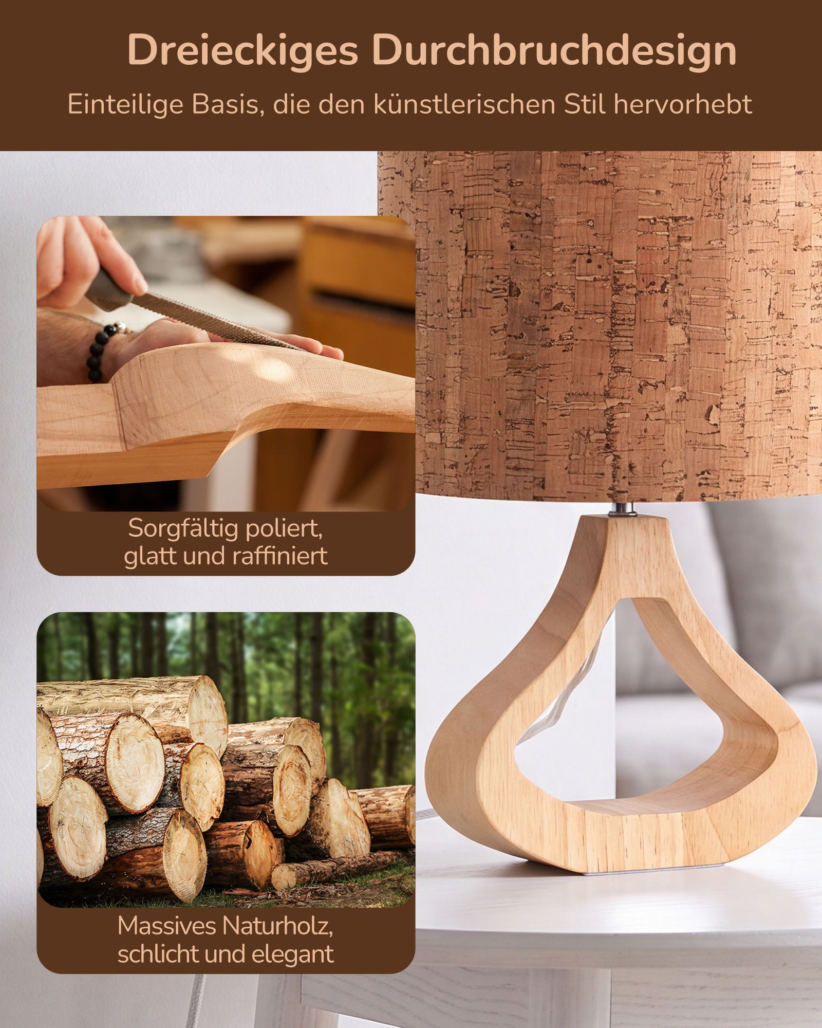 EDISHINE Nachttischlampe Höch 34cm Holz, Holzdeko, LED wechselbar, warmweiß, Lampe mit Ein-/Ausschalter, E27 Fassung mit 2700K LED-Glühbirne – Bild 3 von 5