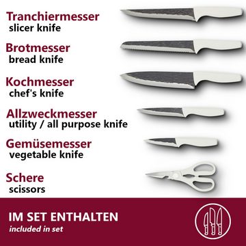 HOOZ Messer-Set 7-teilig mit Messerblock - 5 Scharfe Küchenmesser + Schere in weiß (Set, 7-tlg., Kochmesser für Fleisch Fisch Gemüse Obst), Perfekt für die erste Wohnung