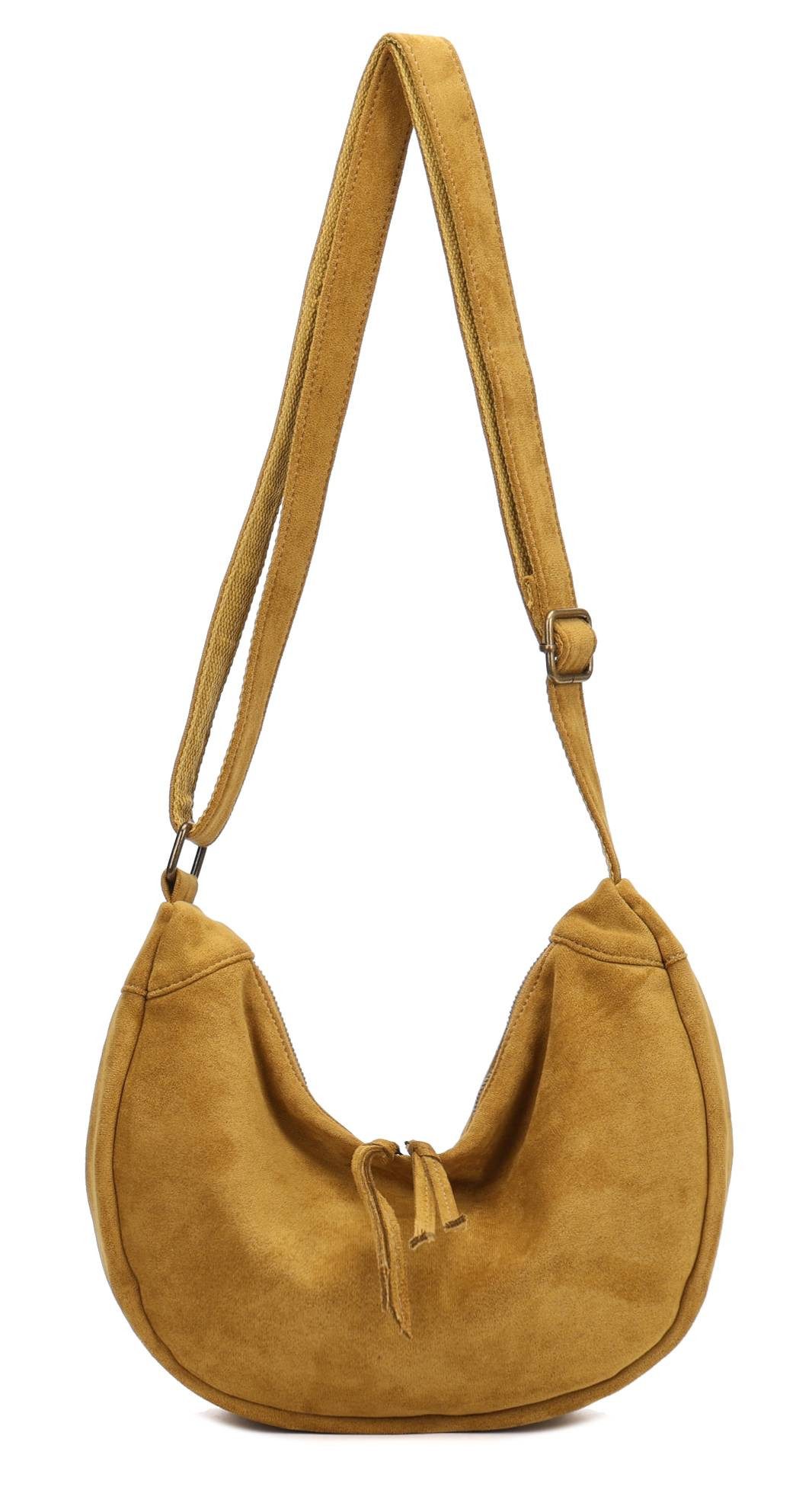 ITALYSHOP24 Schultertasche Damen Tasche MOON Halbmond Cross Over Body Bag Umhängetasche Suedette, Tragekomfort Hüft Brust Bauch Gürtel Rücken Slingtasche Wildlederoptik