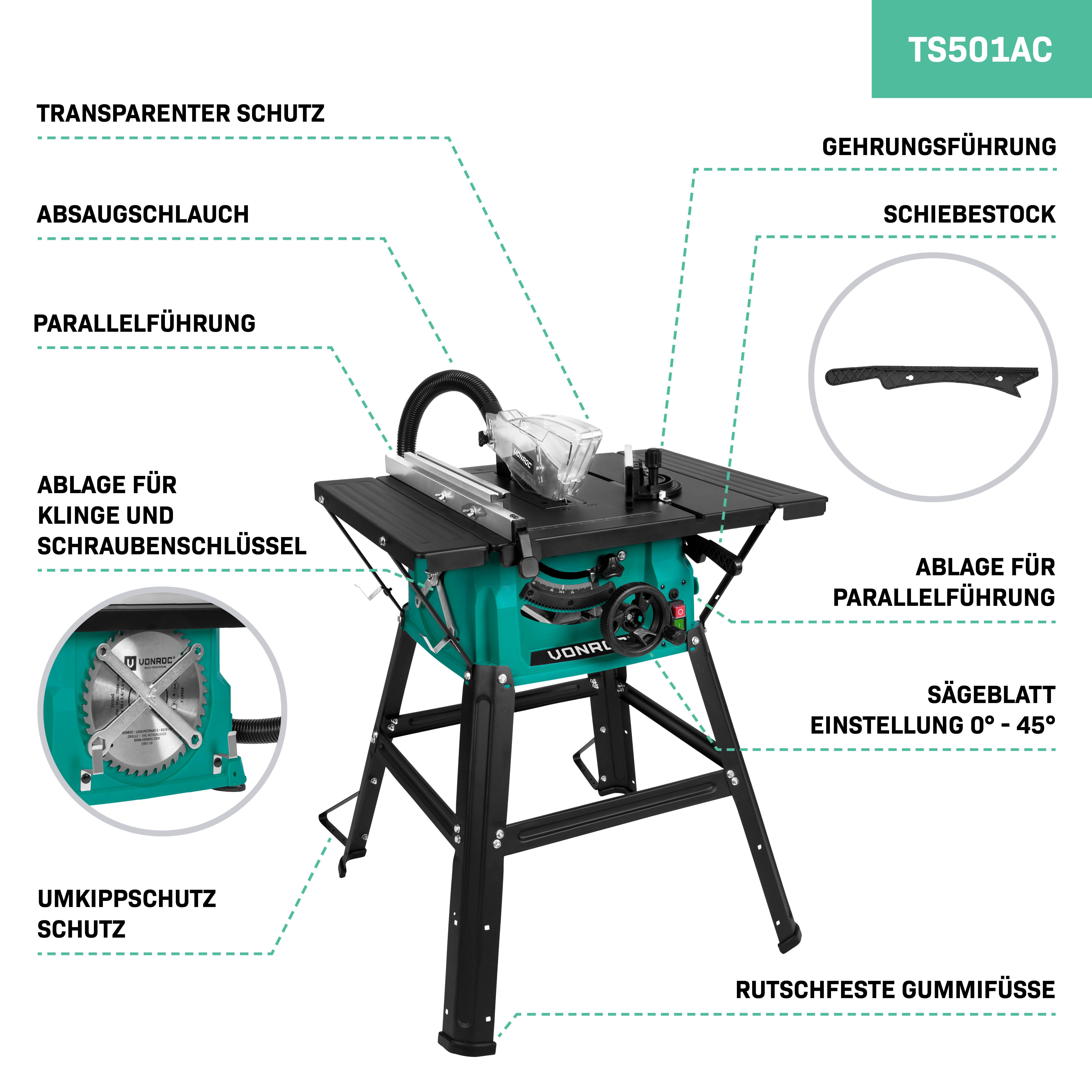 VONROC Tischkreissäge mit Führungsschiene 1500W - Tischsäge mit Staubabsaugung 5000U/min, inkl. Untergestell, - Ø210mm - Inkl. Gehrungsführung und 40T Sägeblatt