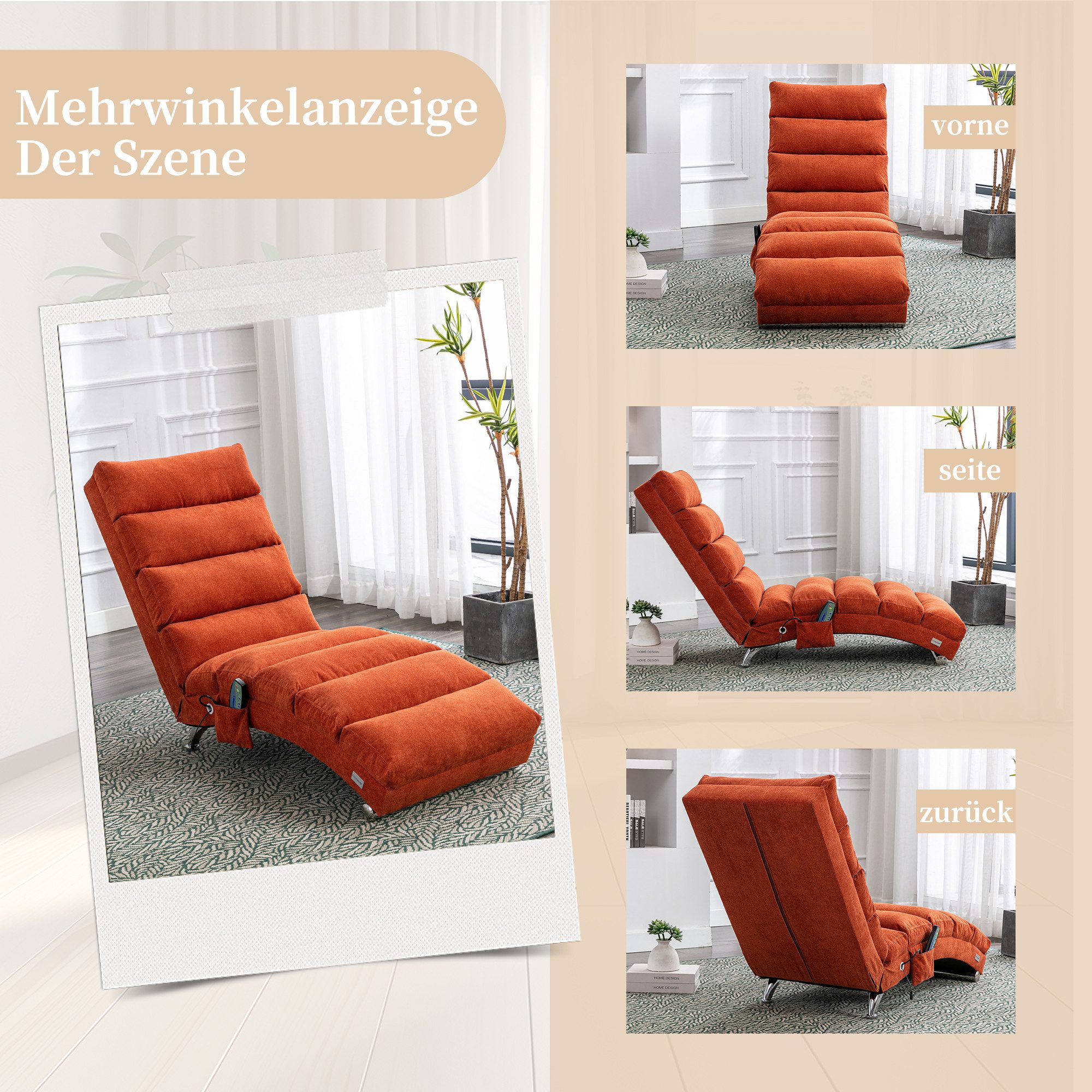 Totnz Relaxliege mit Massagefunktion, Leinenbezug, ergonomische Rückenlehne 140°, gepolstert mit Knopfheftung, Seitentasche, stabiler Holzrahmen & Stahlbeine