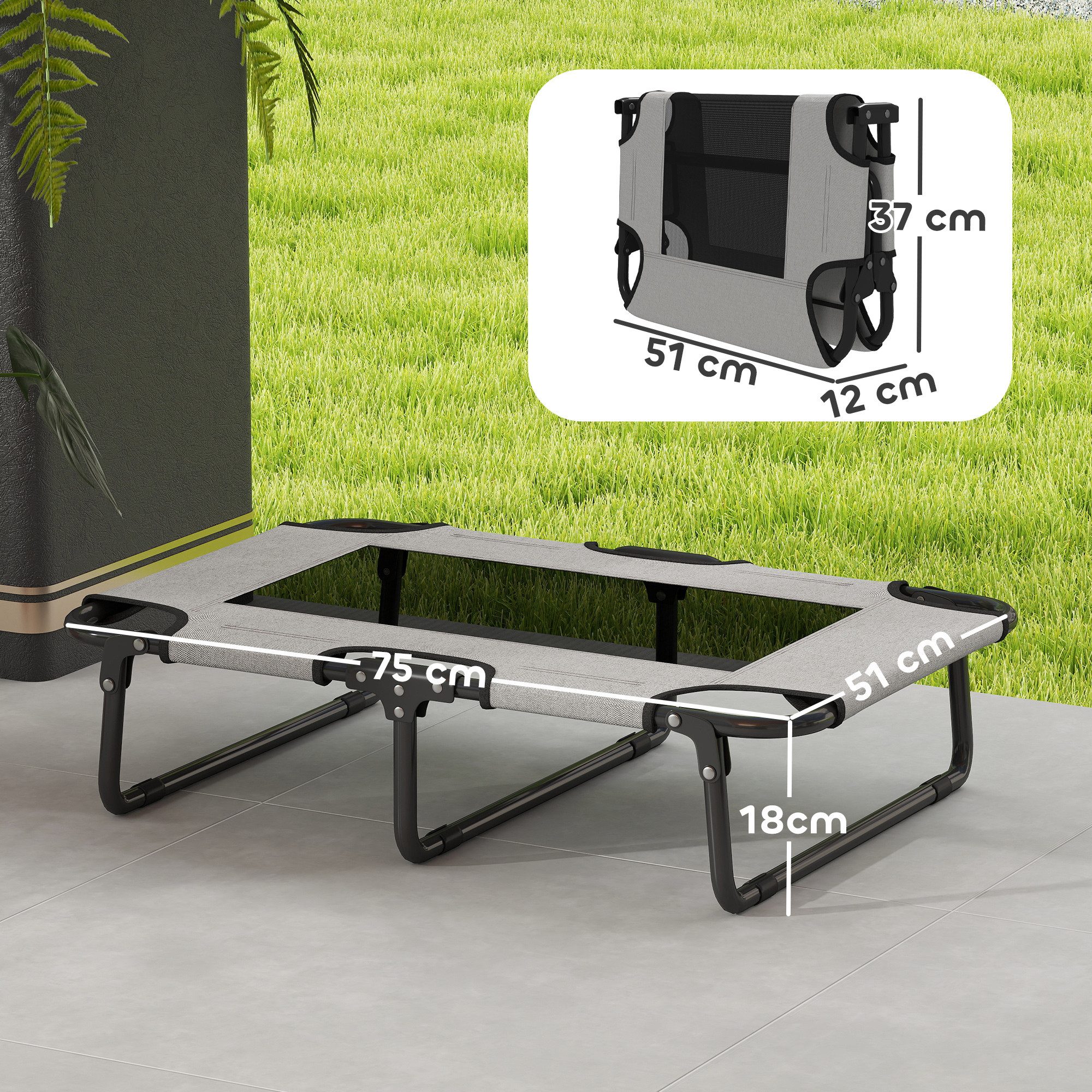 PawHut Tierbett Hundeliege Outdoor, Erhöhtes Hundebett, klappbare Haustierliege, Polyester, für kleine und mittelgroße Hunde, Hellgrau, Oxford, 75 x 51 x 18 cm