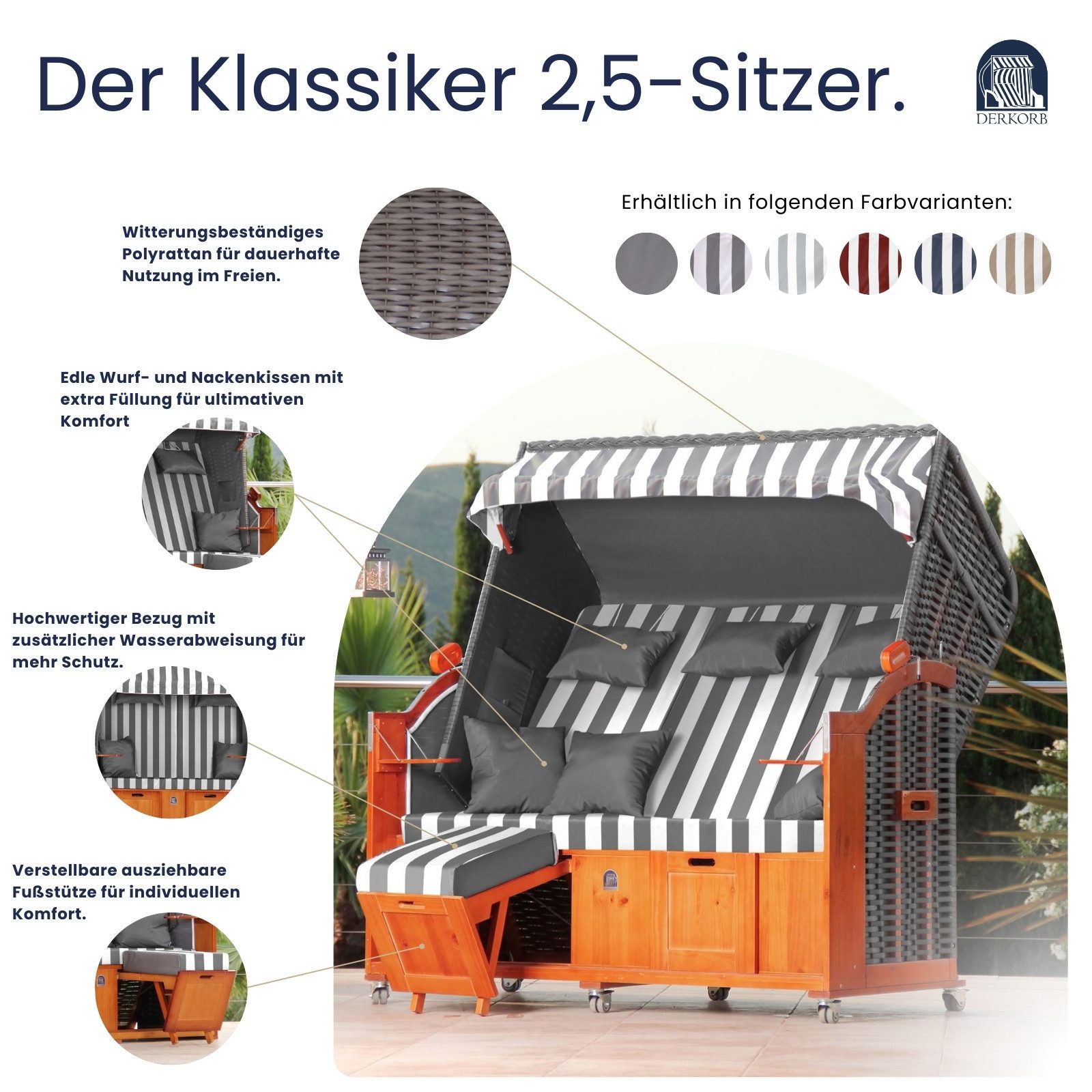 DERKORB Strandkorb Der Klassiker - 2,5-Sitzer, BxTxH: 160x78x166 cm, Volllieger, Ostsee-Modell DER KLASSIKER, XXL 2,5-Sitzer, Wurf und Nackenkissen, montierte Strandkorbrollen