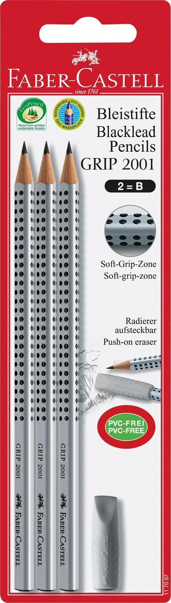 Faber-Castell Bleistift Faber Castell Bleistift Grip 2001 B silber 3er mit Radierer