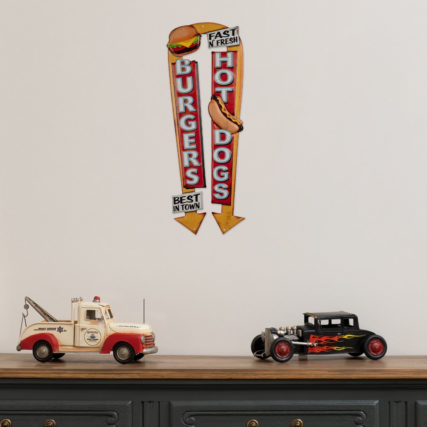 Moritz Metallschild Burger Hot Dog Fast Food Grill Pfeil BBQ, Vintage Retro Deko Schild Metallschild Wandbild Schild
