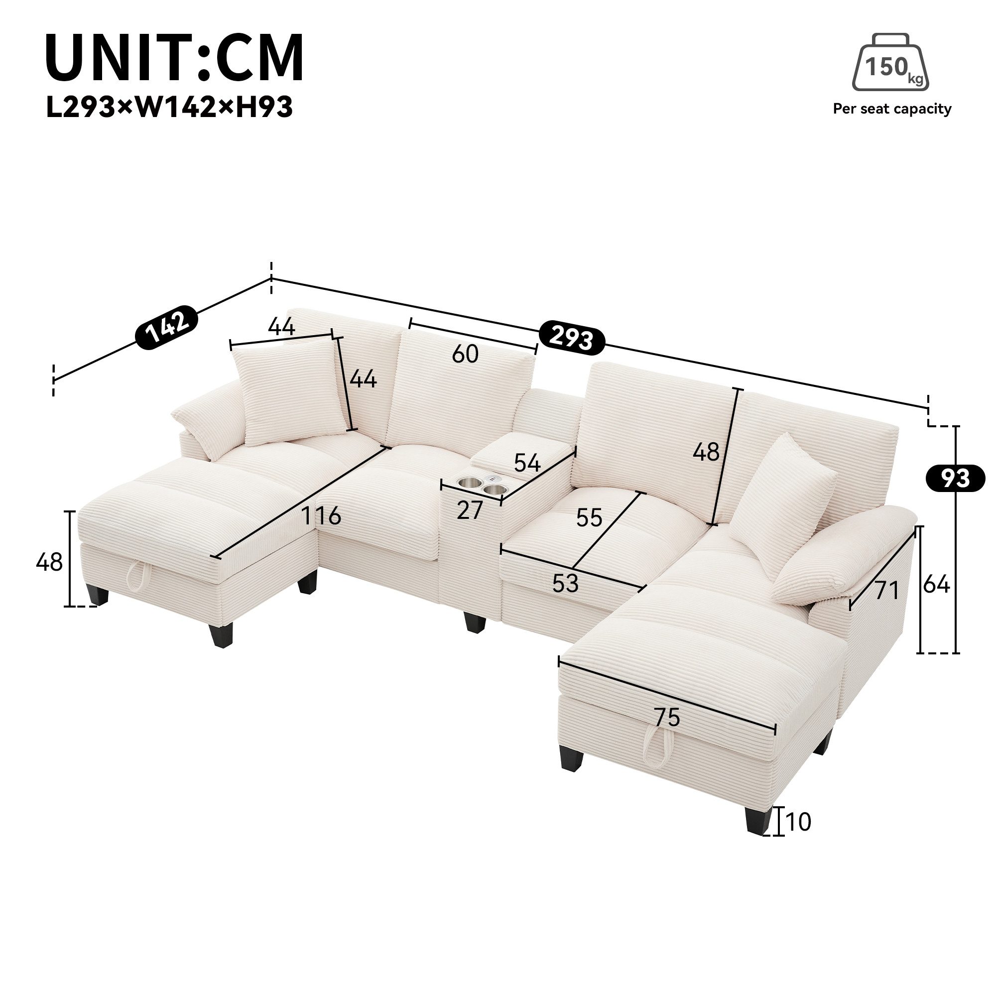 HAUSS SPOLE Schlafsofa 4-Sitzer-Sofa U-Form Loungesofa Ecksofa mit Stauraum&2 USB-Anschlüssen, Set 1 Teile, mit Kissen, Getränkehaltern aus Edelstahl und zwei USB-Anschlüssen