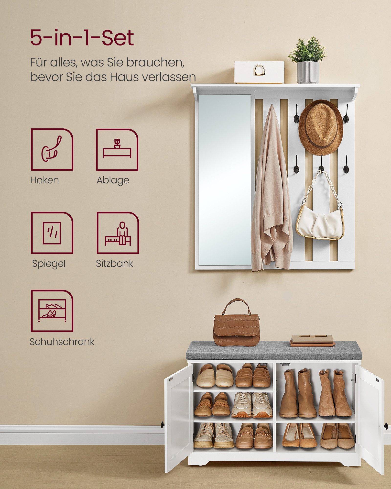 VASAGLE Schuhbank Wandgarderobe Set, Garderobe mit Spiegel, Doppeltüren, Sitzbank, 8 Doppelhaken, Schuhschrank, Sitzpolster abnehmbar, 81 cm breit – Bild 3 von 5