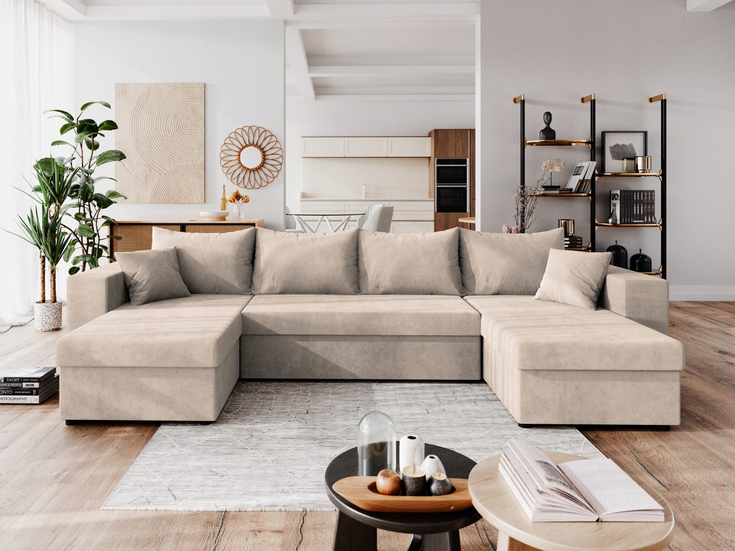 NACANAPA Ecksofa DOMINO U, Lose Rückenlehnen-Kissen, 3 Bettzeugcontainer, Große Schlaffunktion140x270cm
