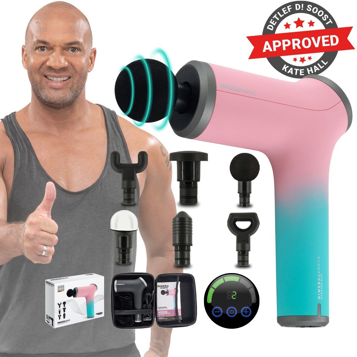 Miweba Sports Massagepistole Profi Massage Pistole MM200 inkl. 6 Massageköpfen - 2500 mAh, inkl. Transportkoffer mit Griff, 10 Intensitätsstufen, Massage Gun für Rücken, Nacken, Schulter, Bein Schmerzlinderung, Muskel Massage, Muskelschmerzen, Handmassagegerät 9-tlg., 2800 Vibrationen pro Minute, Softstart-Funktion, LCD-Touchdisplay, Mini Massagepistole Massagegerät Massage Gun elektrisch