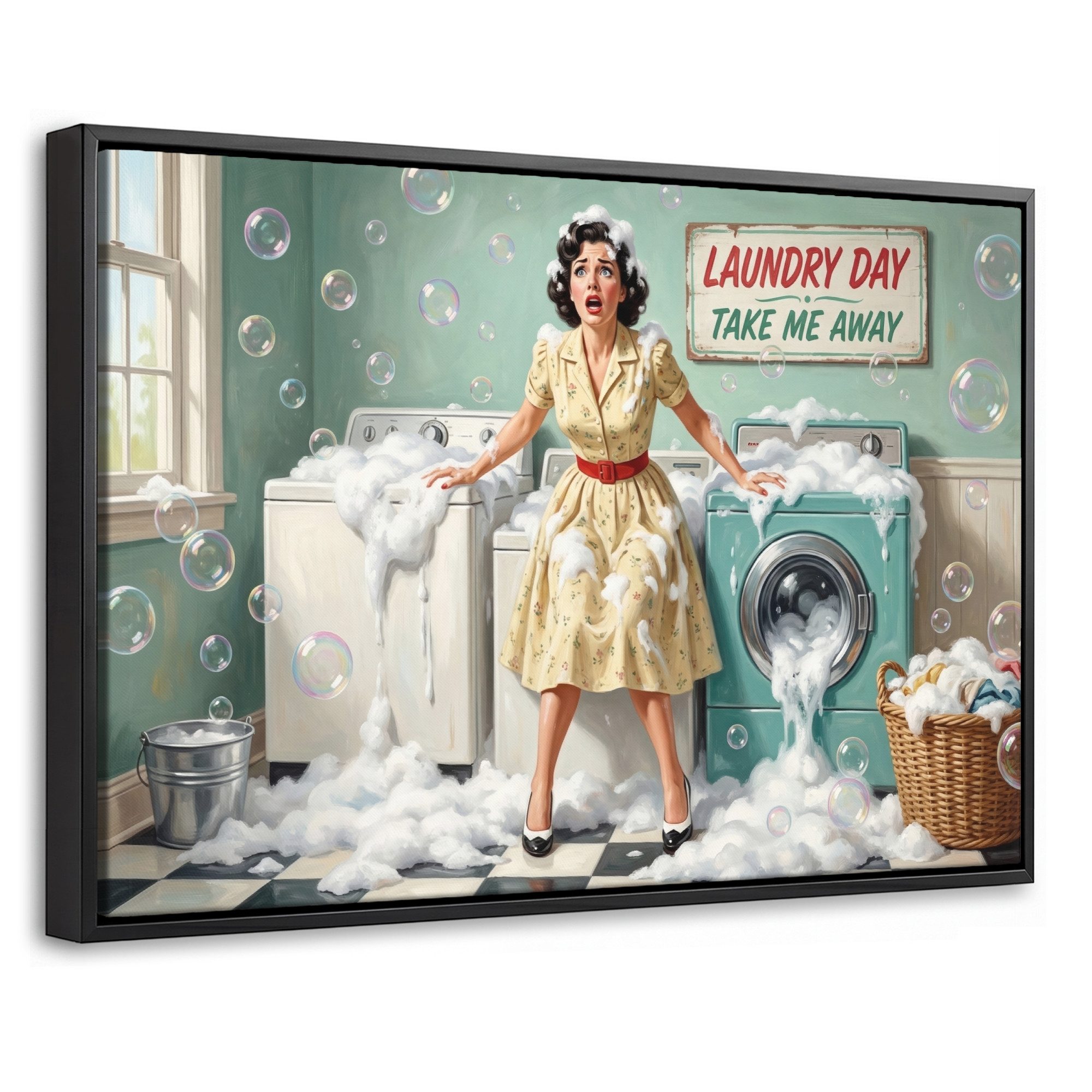 OneMillionCanvasses® Leinwandbild mit Rahmen - Retro - Blau - Frau, Fotodruck (1 St), Bilder, Zimmer Wand Bild Dekoration 30x20cm