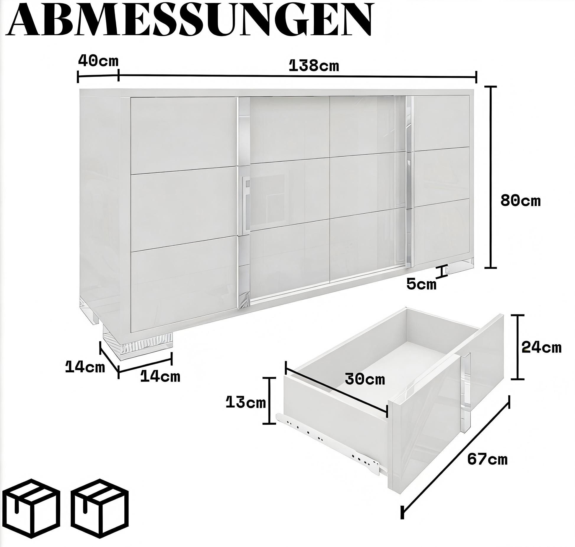 AMERLIFE Kommode Hochglanz Weiß 138x80x40 cm mit 6 Schubladen & Spiegelgriffen (1 St) – Bild 2 von 5