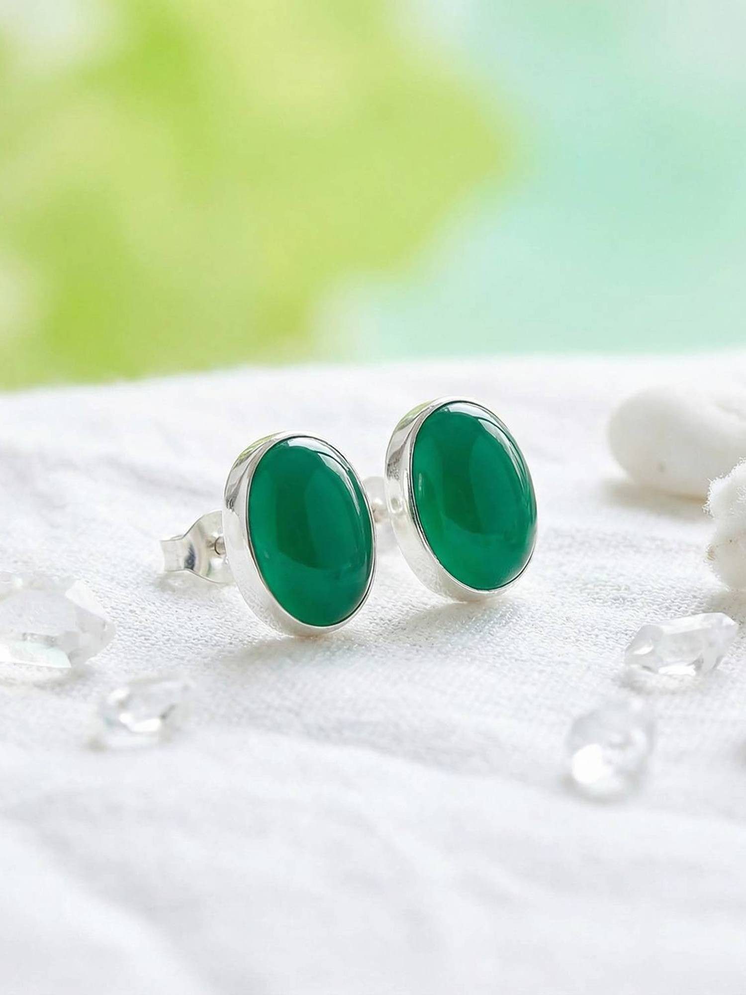 mantraroma Paar Ohrstecker SAMA oval aus 925 Silber mit grünen Onyx (Paar, Paar Ohrringe mit Schmuckbeutel), 925 Sterling Silber Ohrringe für Damen