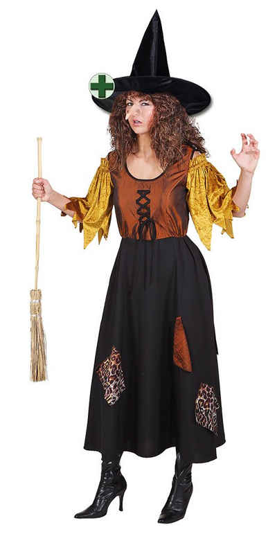 Karneval-Klamotten Hexen-Kostüm Fetzen Hexenkleid Damen mit Flicken MIT Hexenhut, Frauenkostüm Halloween schwarz, braun, gelb