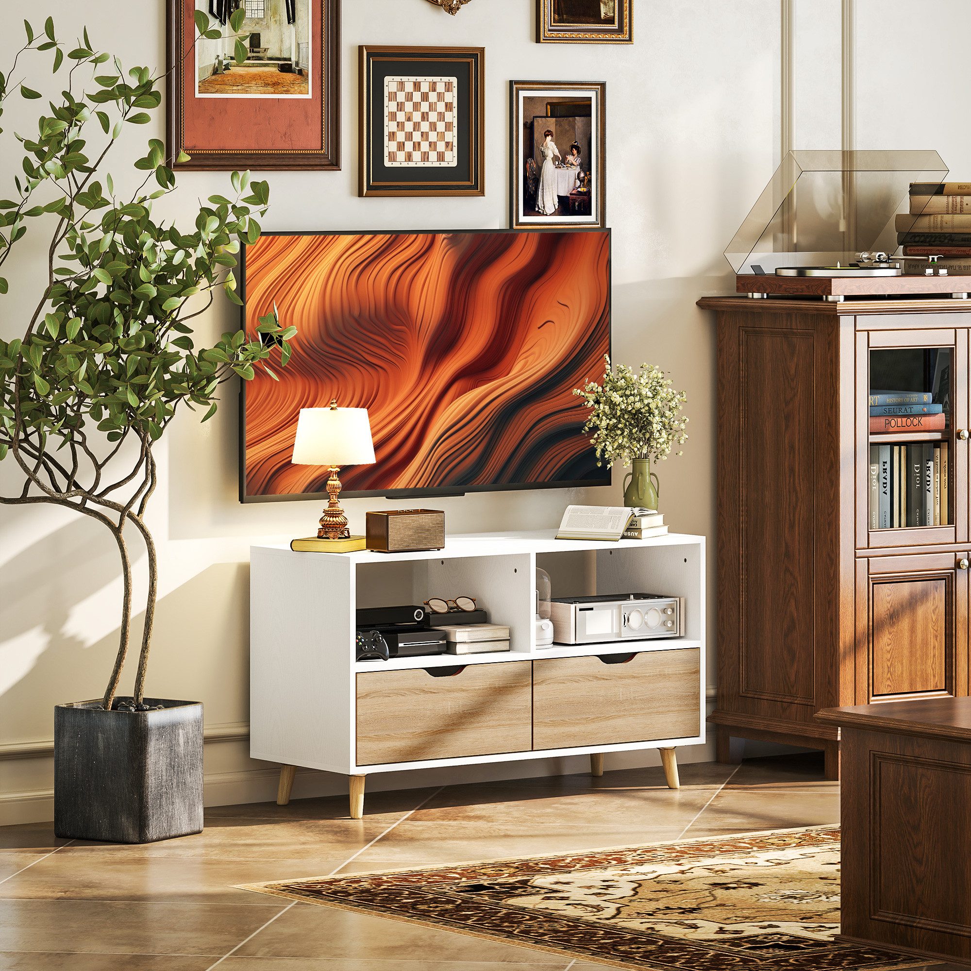 HOMCOM TV-Board TV Schrank Lowboard mit 2 Ablage, Schublade, 99 cm lang (TV Board, 1 St., Fernsehtisch), für Wohnzimmer, Weiß