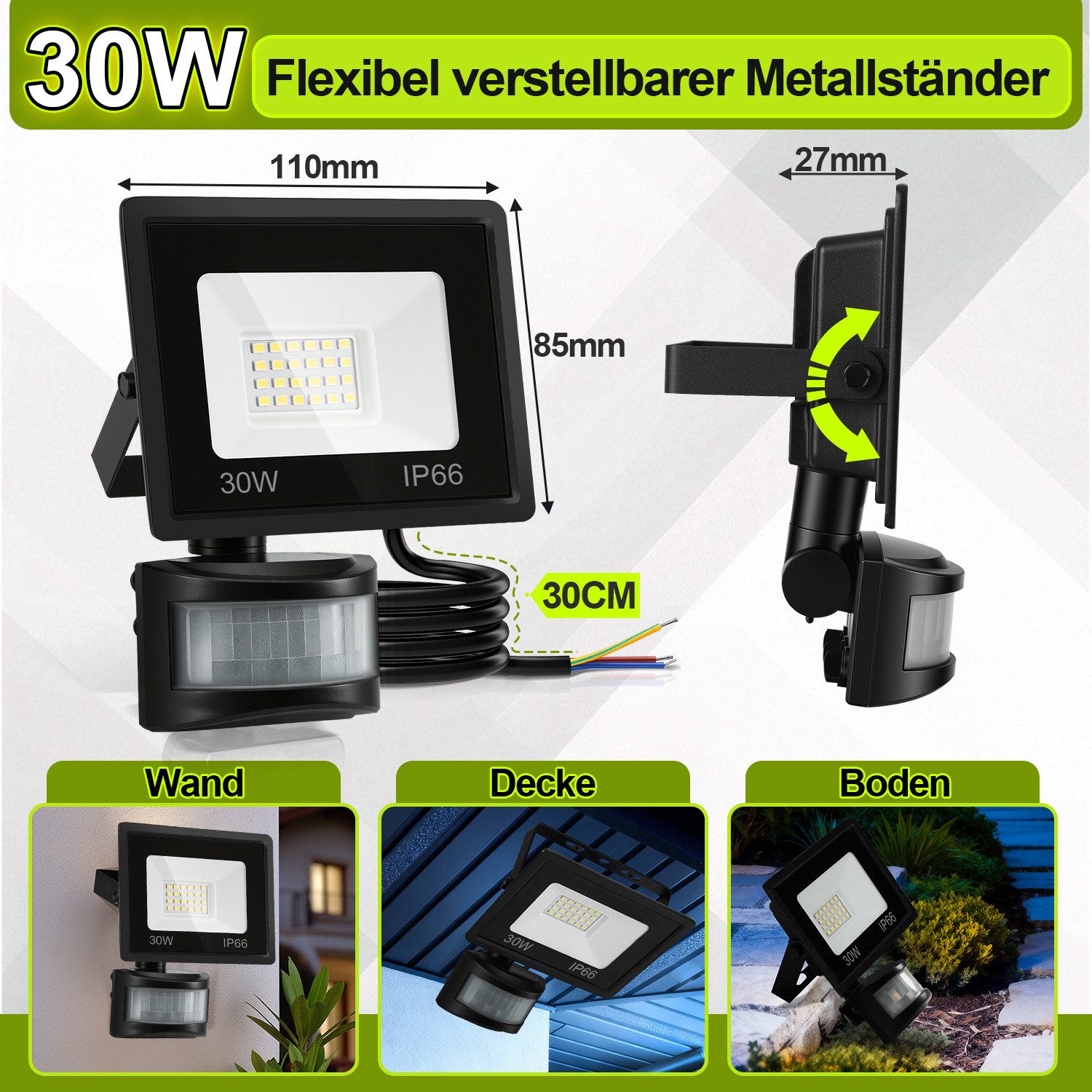 Clanmacy LED Flutlichtstrahler LED Fluter mit Bewegungsmelder 30W Außenleuchte Kaltweiß Spotlight