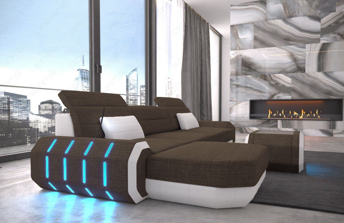 Roma Strukturstoff Designer Polster H L Couch braun-weiß Sofa Form mit Sofa Dreams Stoff Ecksofa Bettfunktion wahlweise Stoffsofa,