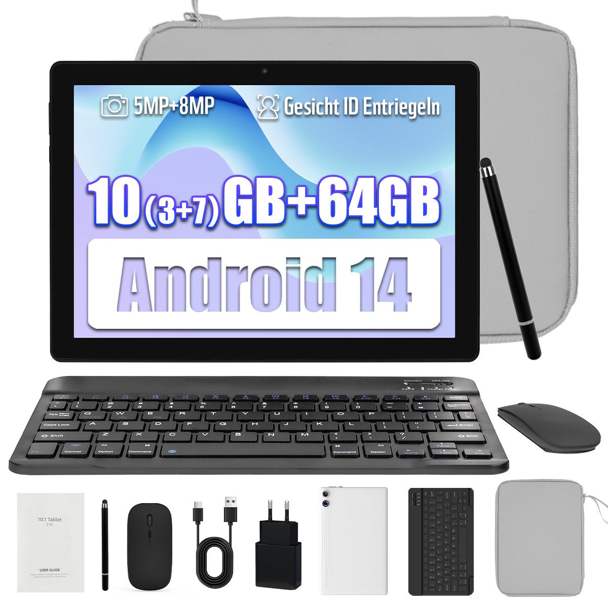 BUFO 10 Zoll Android 14 Octa-Core, 1280x800 IPS HD, 64GB, 5G WiFi Tablet (10", 64 GB, Andorid, 2,4G/5G WiFi, Android 14, mit Stift/Maus/Tastatur/Tasche, KI-Unterstützung)