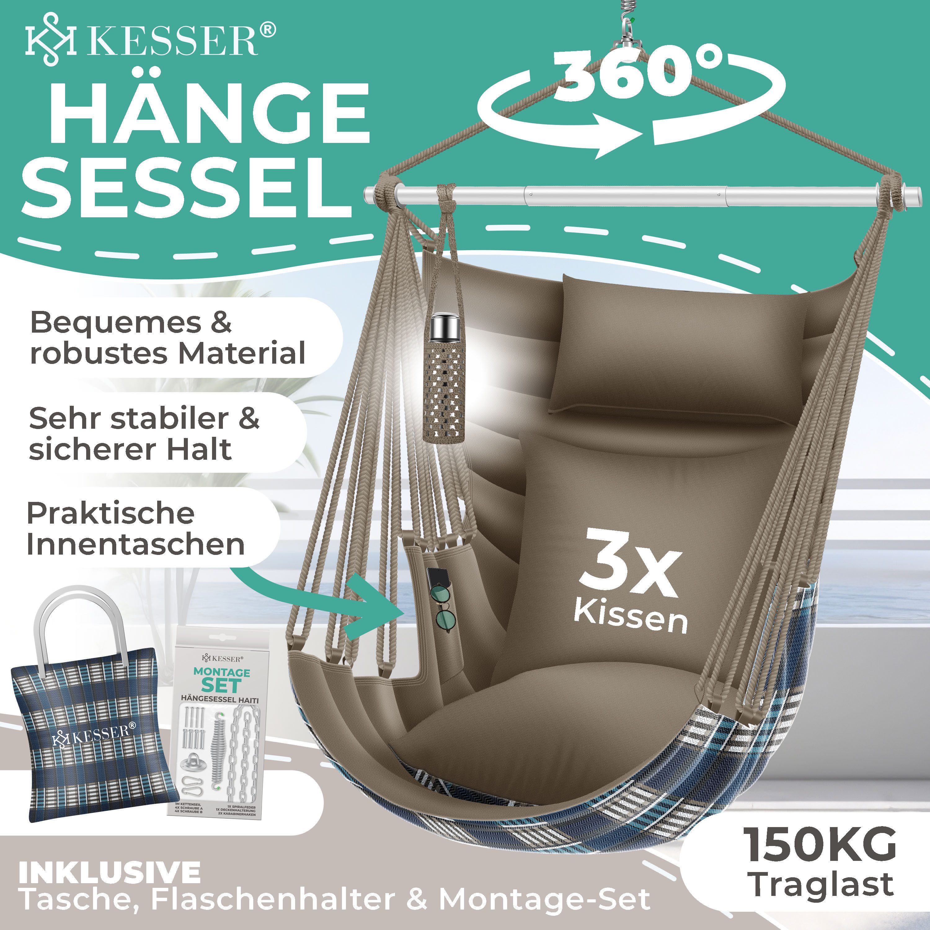 KESSER Hängesessel Haiti 150kg Traglast, Indoor & Outdoor Hängestuhl (Hängeschaukel mit 2 Kissen, Tragetasche, Flaschenhalter & Montage-Set), 360° Hängematte Pflegeleicht, UV-beständig & Wasserfest