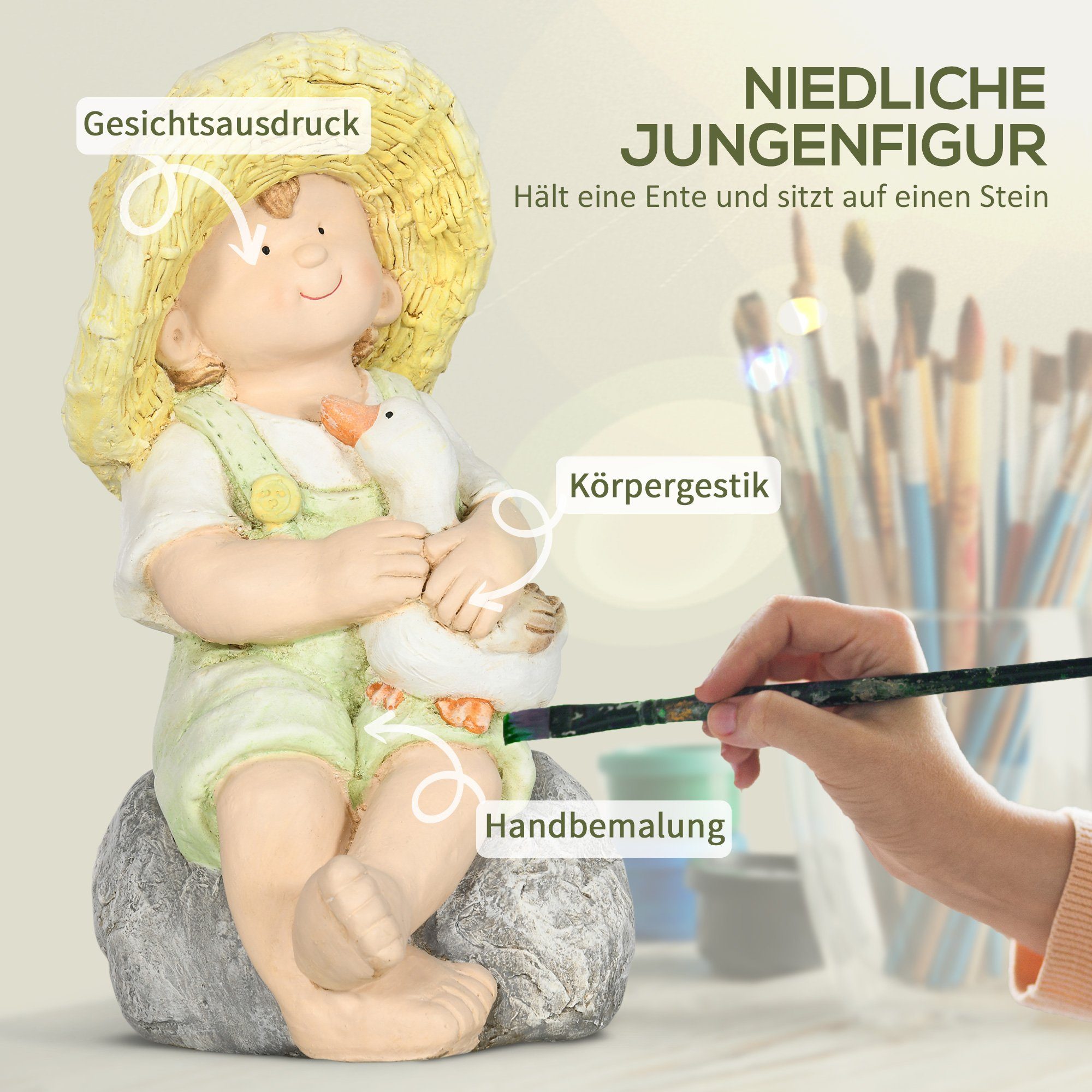 wetterbeständig 1 Gartenstatue), Junge (Set, Outsunny St., Gartenfigur Strohhut", "Kleiner mit Gartendekoration,