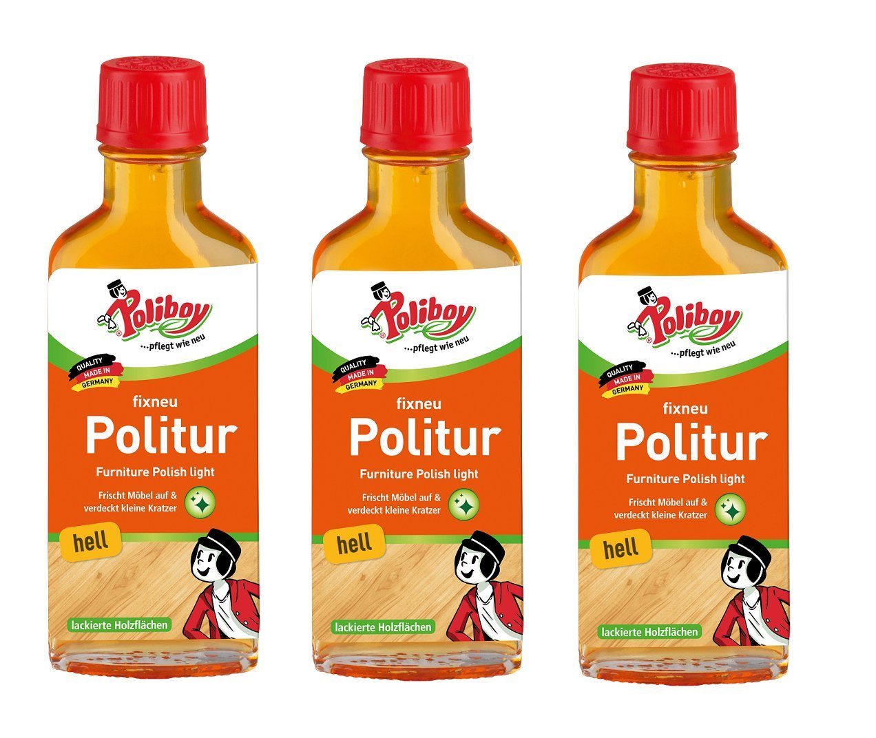 poliboy Fixneu Möbelpolitur hell - 3x100ml Möbelreiniger (für helle Oberflächen - Made in Germany)
