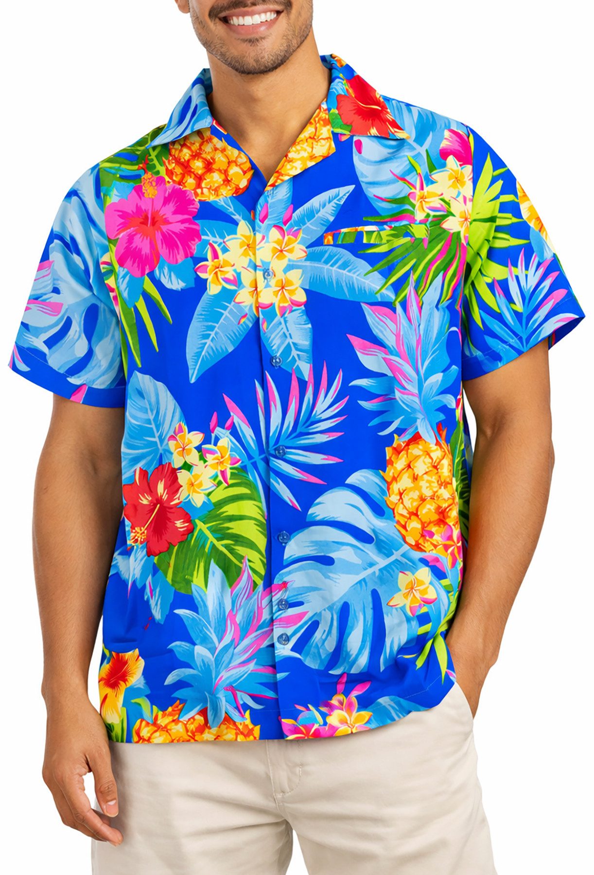 King Kameha Hawaiihemd "Pineapple" Funky Hawaii-Hemd Herren Kurzarm Front-Tasche Stylish