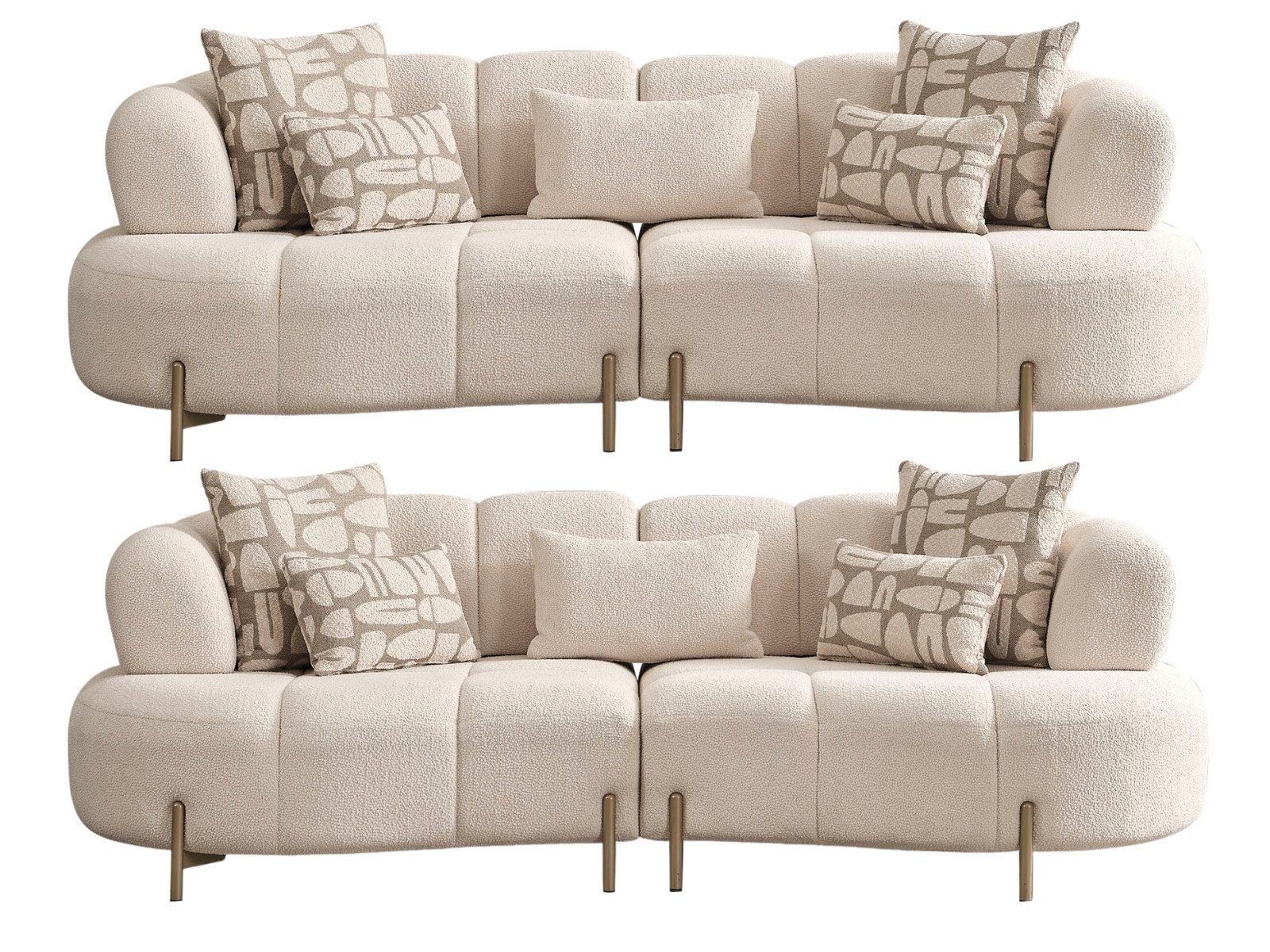 Villa Möbel Polstergarnitur Vega, (Sofa Set, 3-Sitzer + 3-Sitzer), Boucléstoff Creme Antikgold Füße Ruhiges Design Weicher Komfort