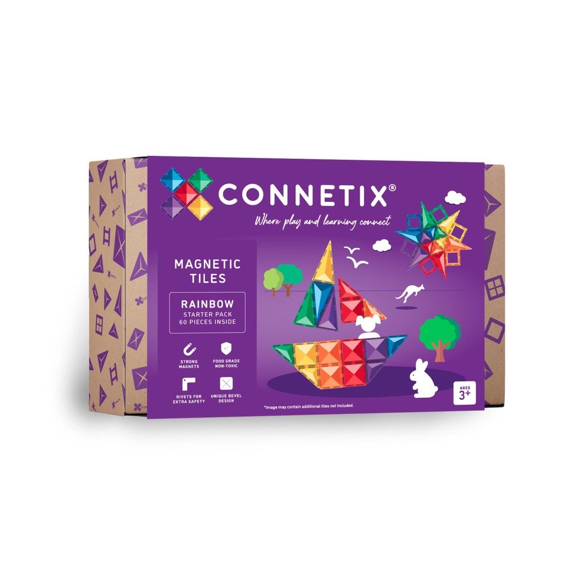 Connetix Rainbow Starter Pack verstärkte Magnete pädagogisches Lernspiel Magnetspielbausteine, (Open Play, 60 Teile), ab 3 Jahren