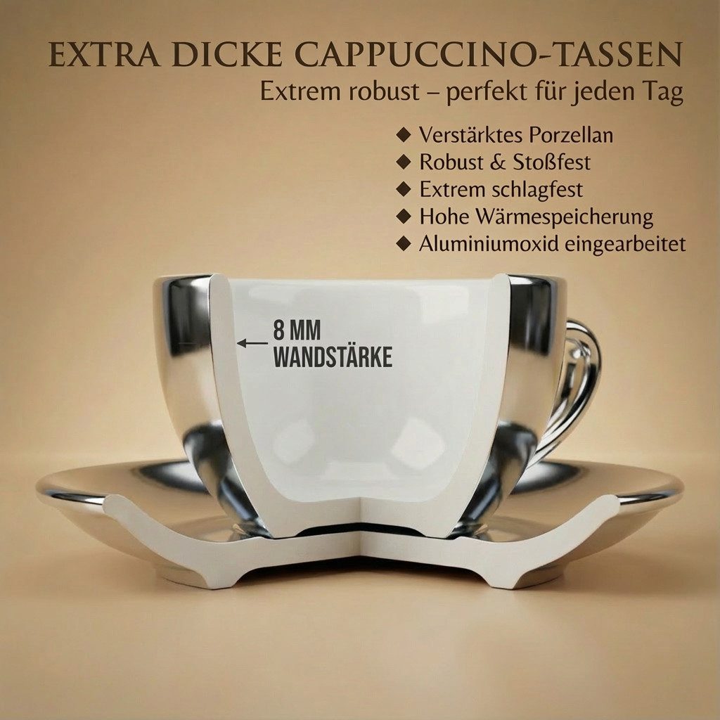 MUVELL Cappuccinotasse 6er Cappuccino-Set "BARI" Tasse 200ml + Untertasse, chrome, 6-tlg., Keramik, 200 ml Silber - Chrome mit weißen Rand und Innenfläche – Bild 4 von 5