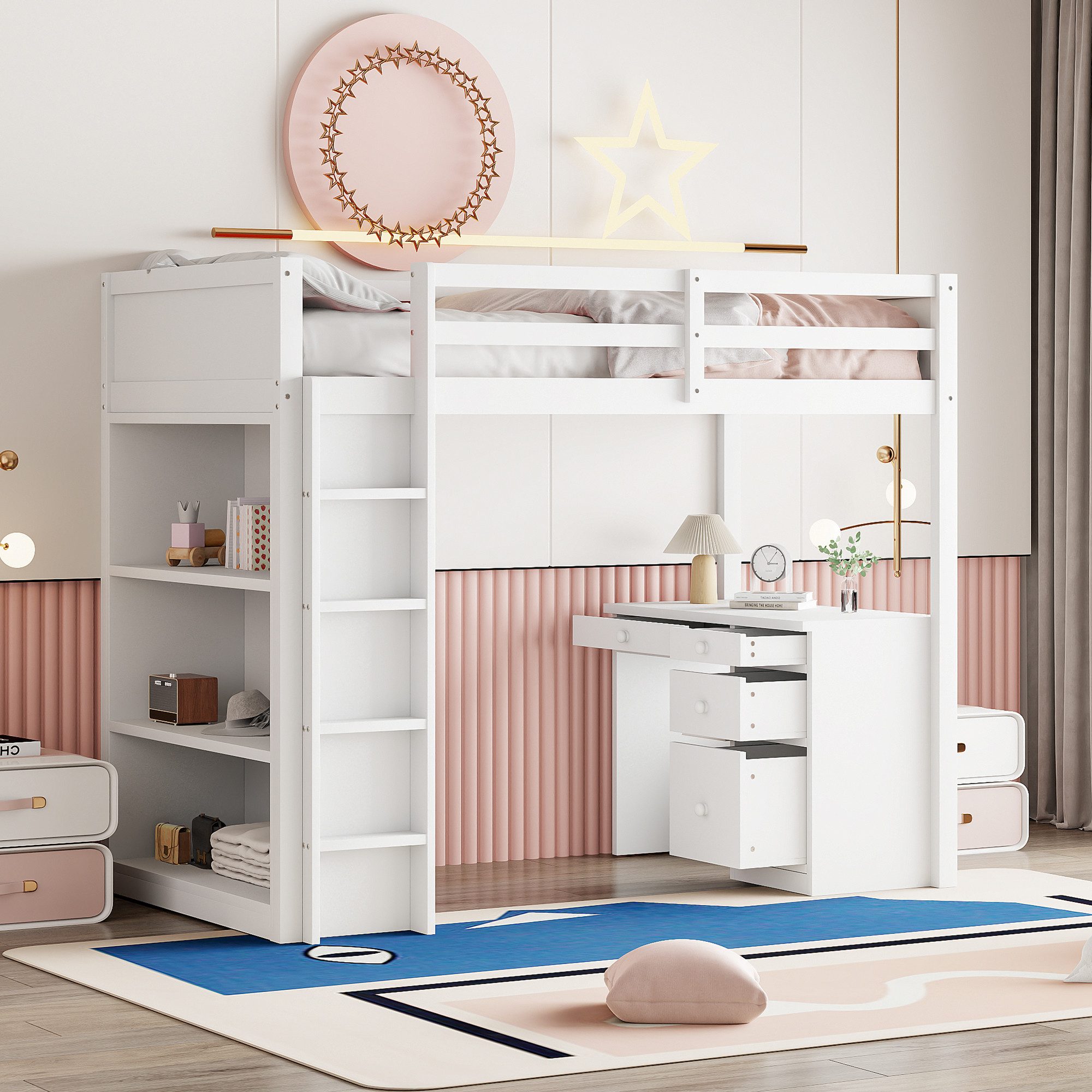 Merax Hochbett (multifunktionales Holzbett) Kinderbett 90x200cm mit Aufbewa günstig online kaufen