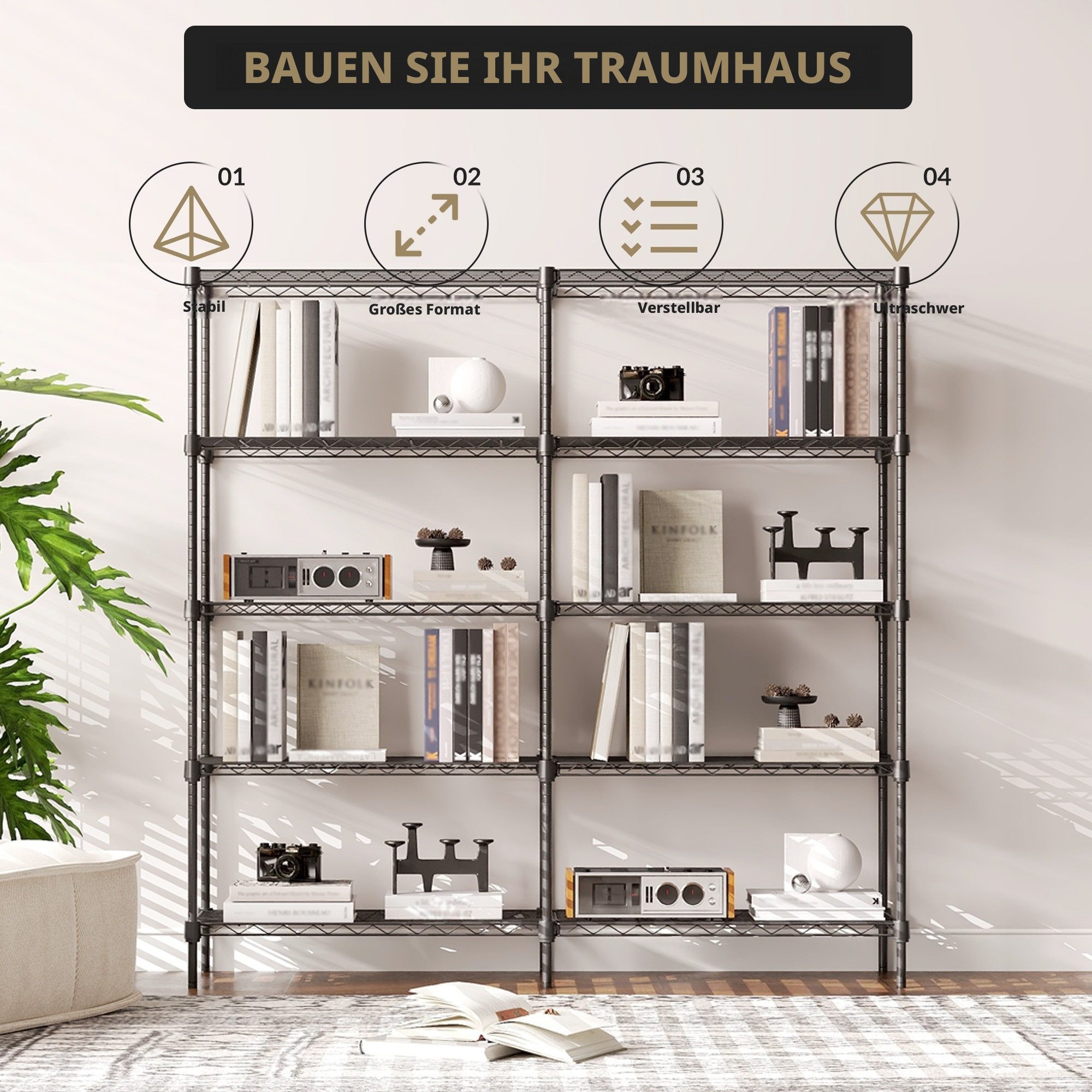 GarveeMore Schwerlastregal aus Stahl mit 5 Ebenen, höhenverstellbar, pulverbeschichtet, 150x35x150 cm, schwarz, für Werkstatt, Keller, Garage, Küche – Bild 5 von 5