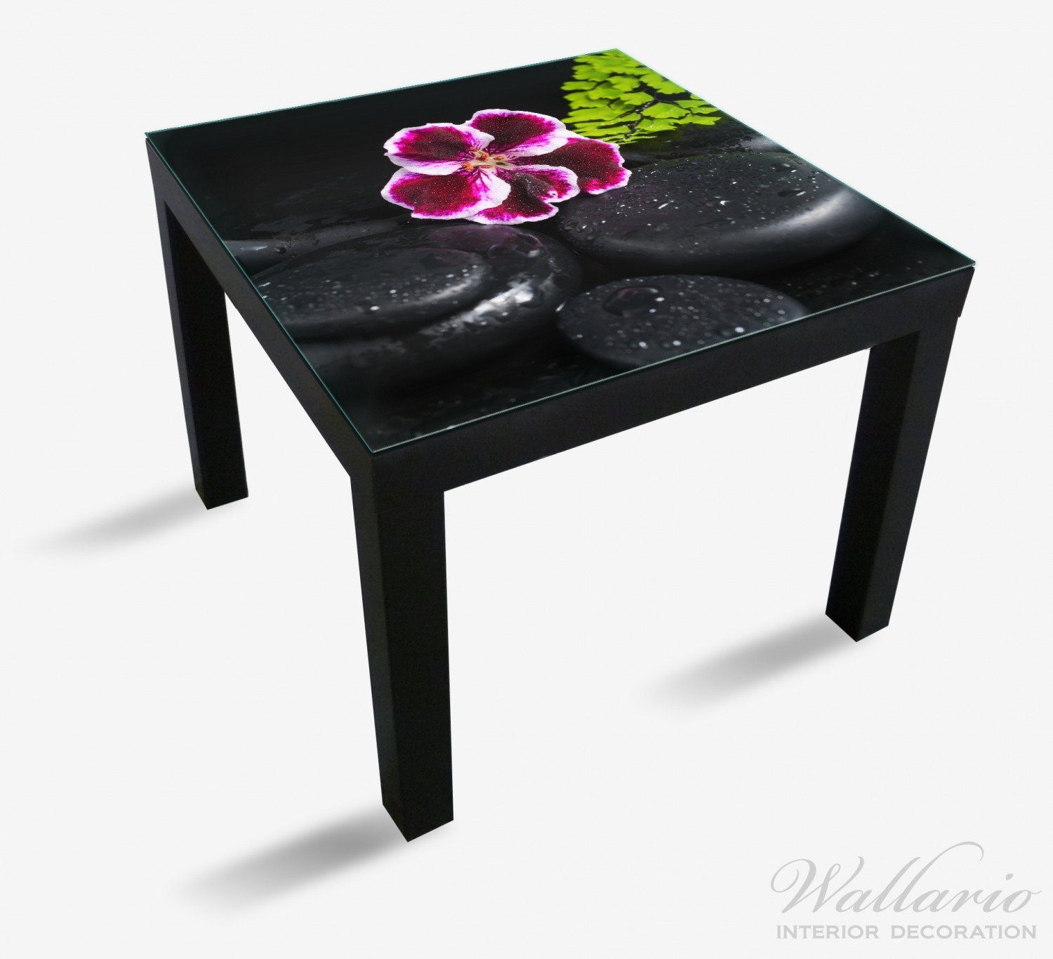 für (1 Tisch benetzt St), mit auf Lack Tischplatte geeignet Wallario Geranienblüte Wassertropfen Ikea Steinen, schwarzen