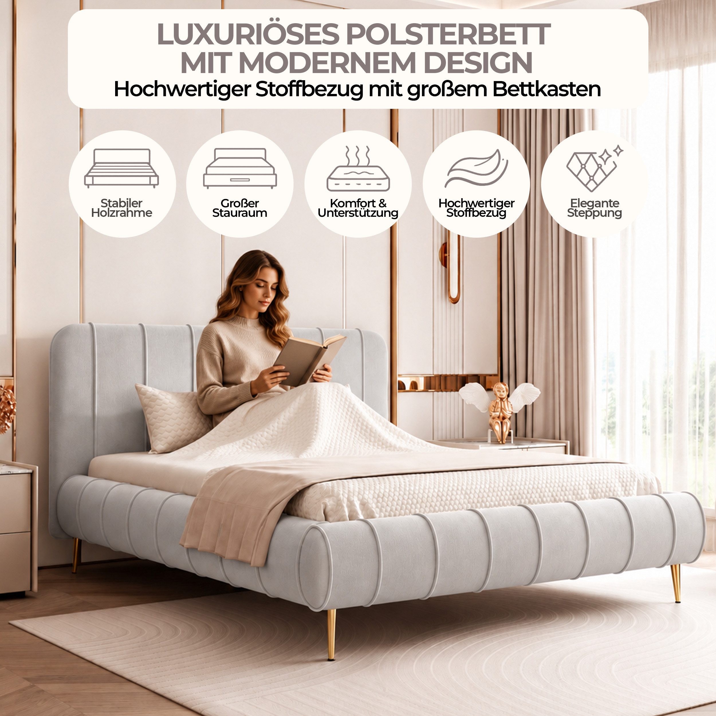 Goldstoff Polsterbett Elegantes Stoffbett "FIRENZE" mit hohem Kopfteil und großem Bettkasten (120–200x200 cm, Kopfteilhöhe 70/100 cm, Seitenhöhe: 25/40 cm), Komfortables Stoffbett mit Stauraum und verstellbarem Kopfteil