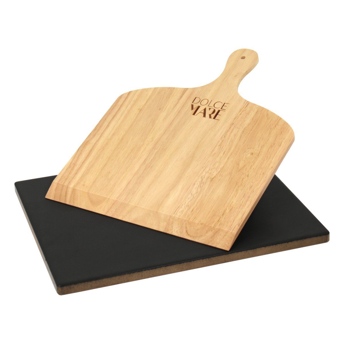 Dolce Mare Pizzastein Set schwarz Holz Pizzaschieber Brotbackstein, Cordierit
