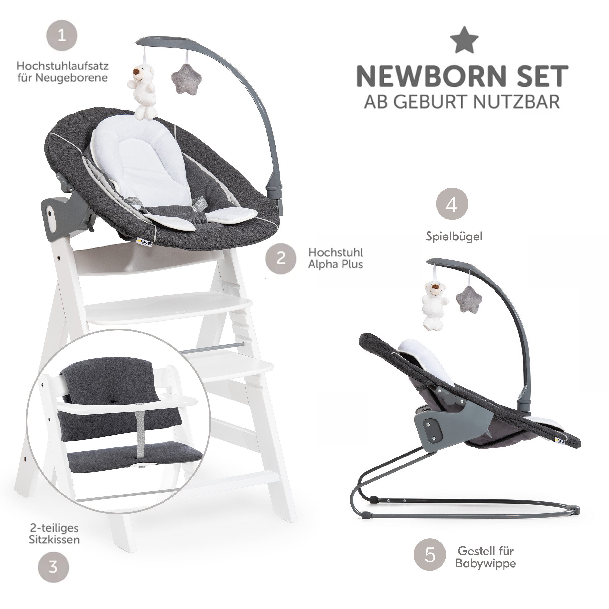 Hauck Hochstuhl Alpha Plus Newborn Set Deluxe - White, Holz Babyhochstuhl ab Geburt inkl. Neugeborenen Aufsatz & Sitzauflage